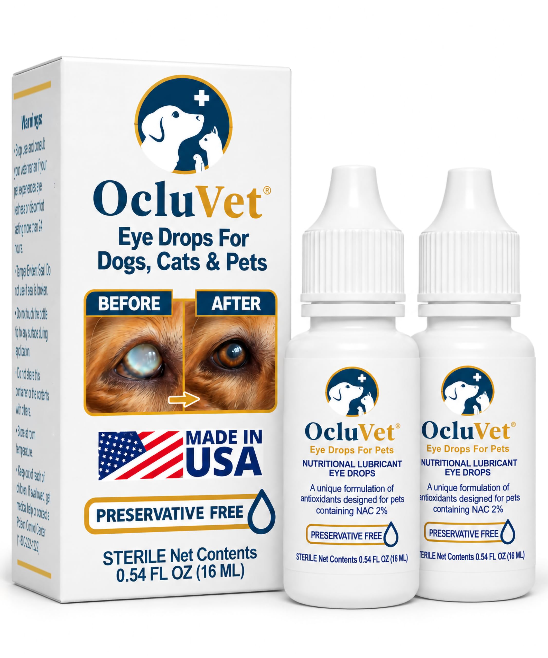 OcluVet Pet Eye Drops for Dogs & Cats, 2% NAC, 16 mL, 2-Pack