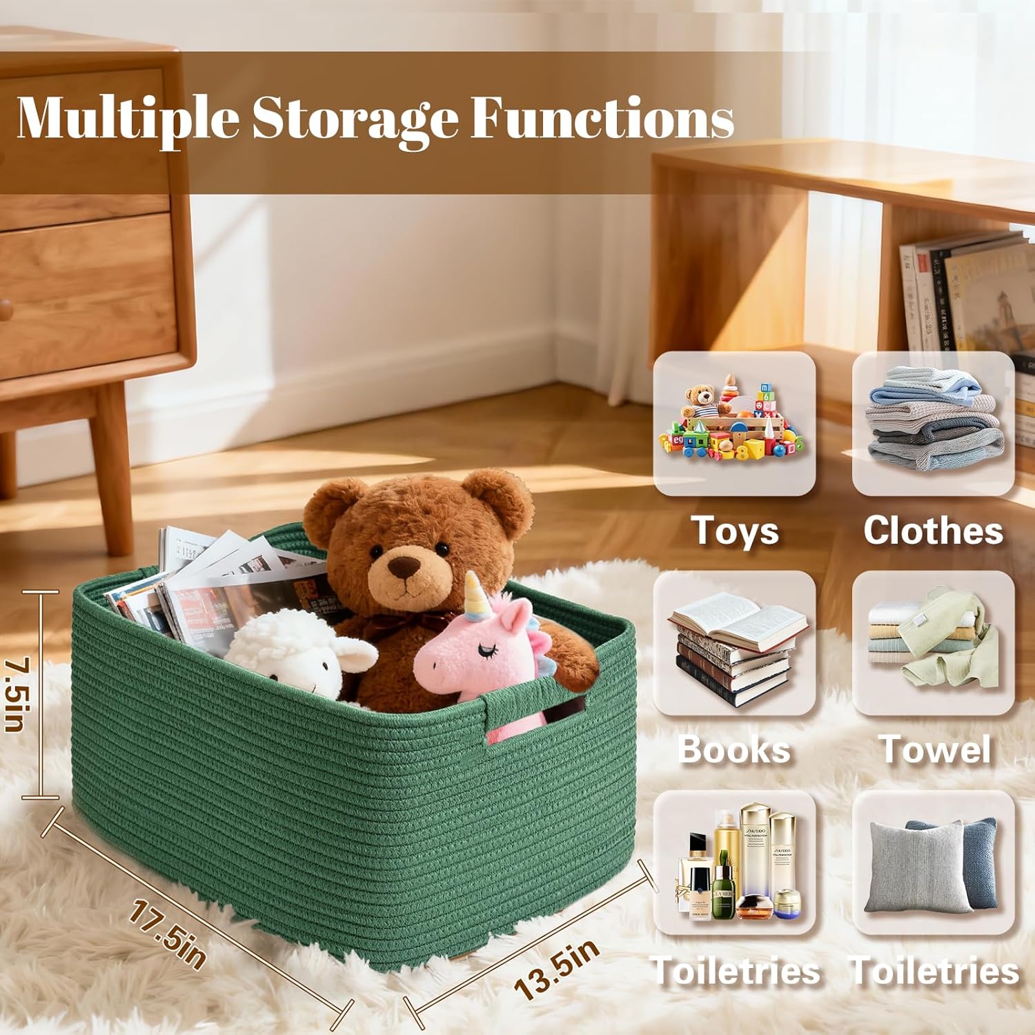 4 Pack Large Storage Basket for Organizing, 17.5"x13"x7" Woven Basket for Shelves, Closet Cube Storage Bins with Wrapped Handle, Cotton Rope Baskets for Kitchen, Clothes, Toys(Green)