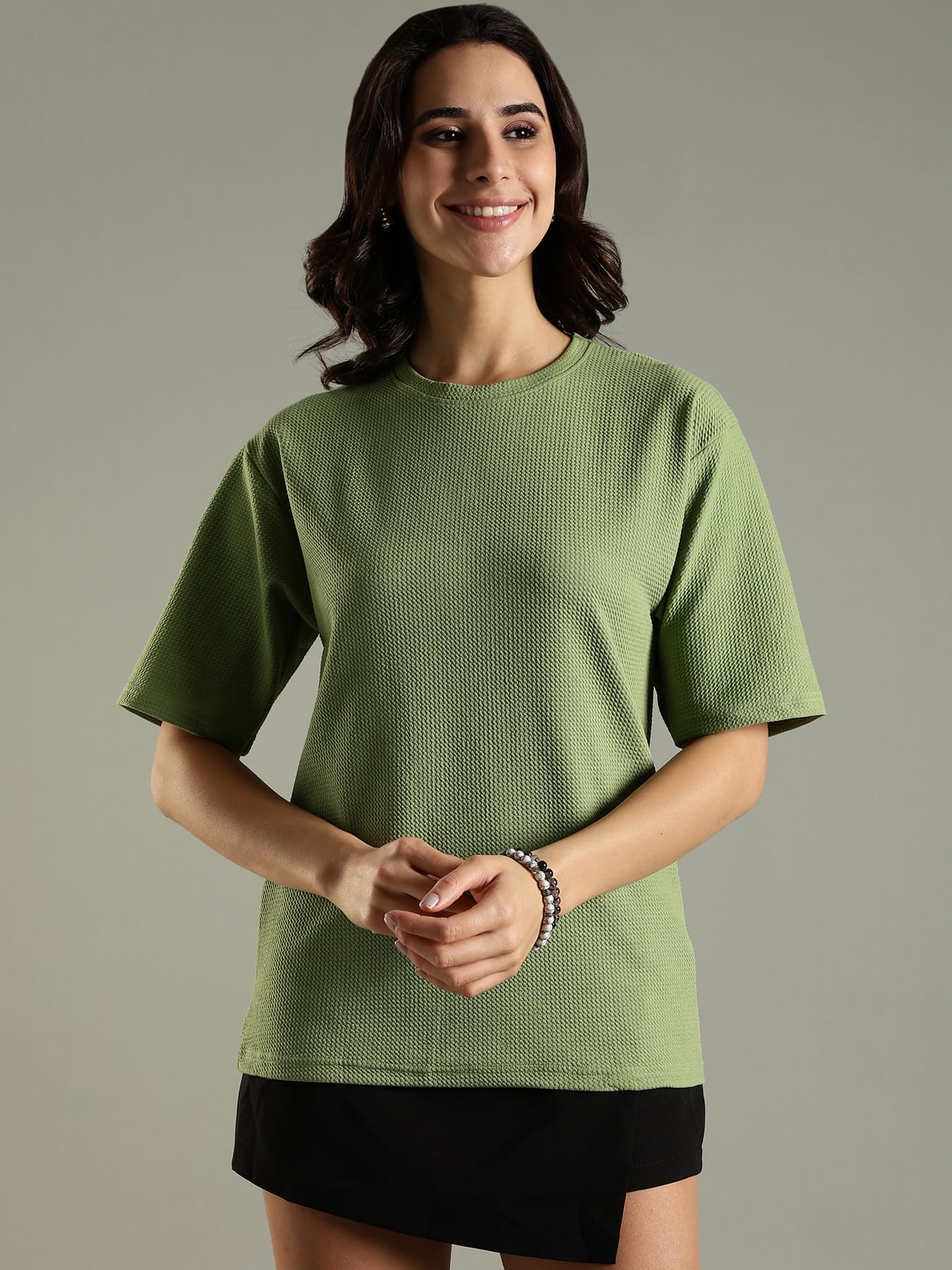 Women's Stylish Textured Three Fourth Sleeve Oversized T-Shirt (Light Green)-image-42