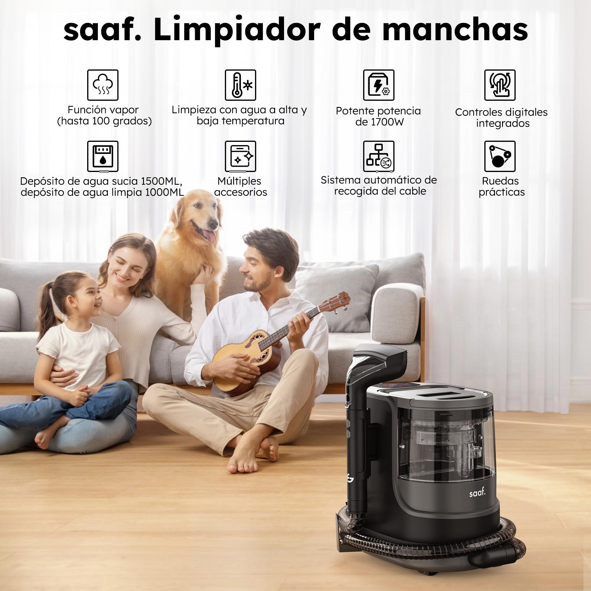 Saaf Limpiador de Manchas – Set de 7 Piezas – Función Vapor hasta 100°C – Alfombras y Sofás – Motor Potente 1700W – Incluye Cepillo Alfombra, Cepillo Precisión & Limpiacristales – Negro