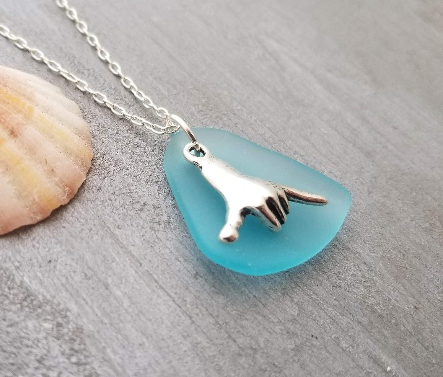Handmade Hawaii culture Shaka - carefree attitude sign, Turquoise Bay blue sea glass necklace, December Birthstone, (Hawaii Gift Wrapped, Customizable Gift Message)