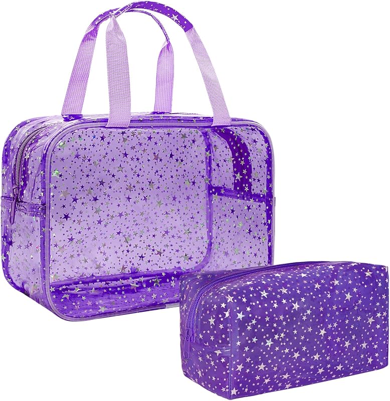 Necessaires de maquiagem Junesters em PVC transparente com estampa de estrelas e zíper, Pacote com 2, Roxo