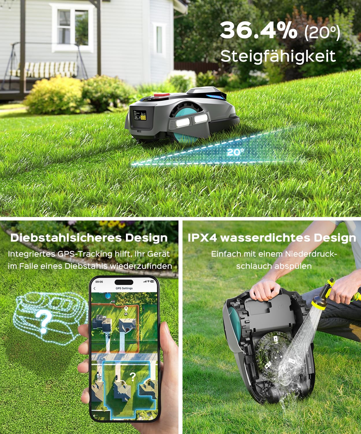 YARDCARE N1600Pro Mähroboter ohne Begrenzungskabel, bis zu 1600 m², mit RTK+Vision, effizientem U-förmigem Mähmuster, Multi-Zonen-Management, zentimetergenauer Präzision, per App & Hindernisvermeidung