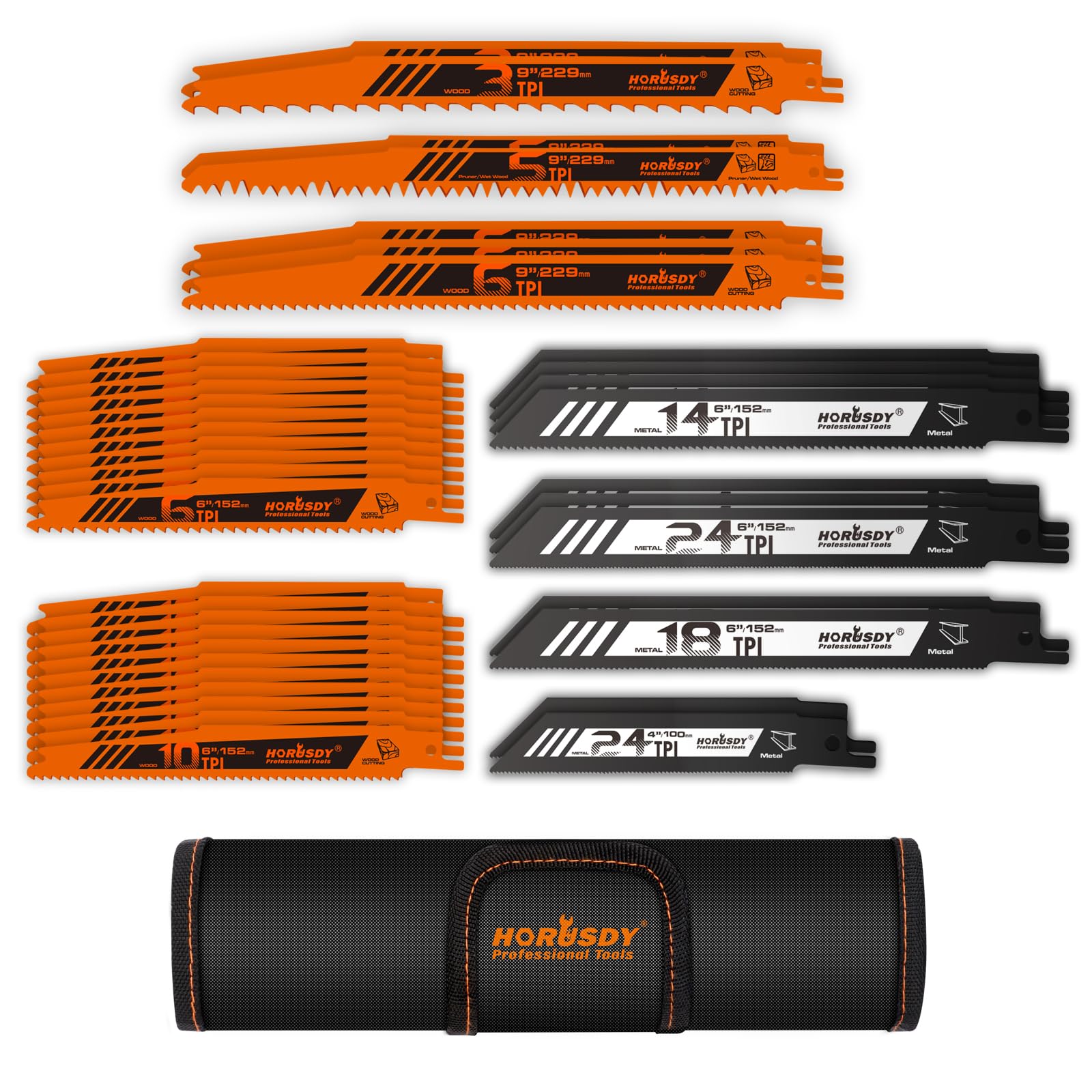 HORUSDY 40-Piece Reciprocating Saw Blade Set for Wood & Metal | Includes Pruning, Wet Wood, PVC and Metal Cutting Blades (3-24TPI) | with Storage Pouch for Easy Organization