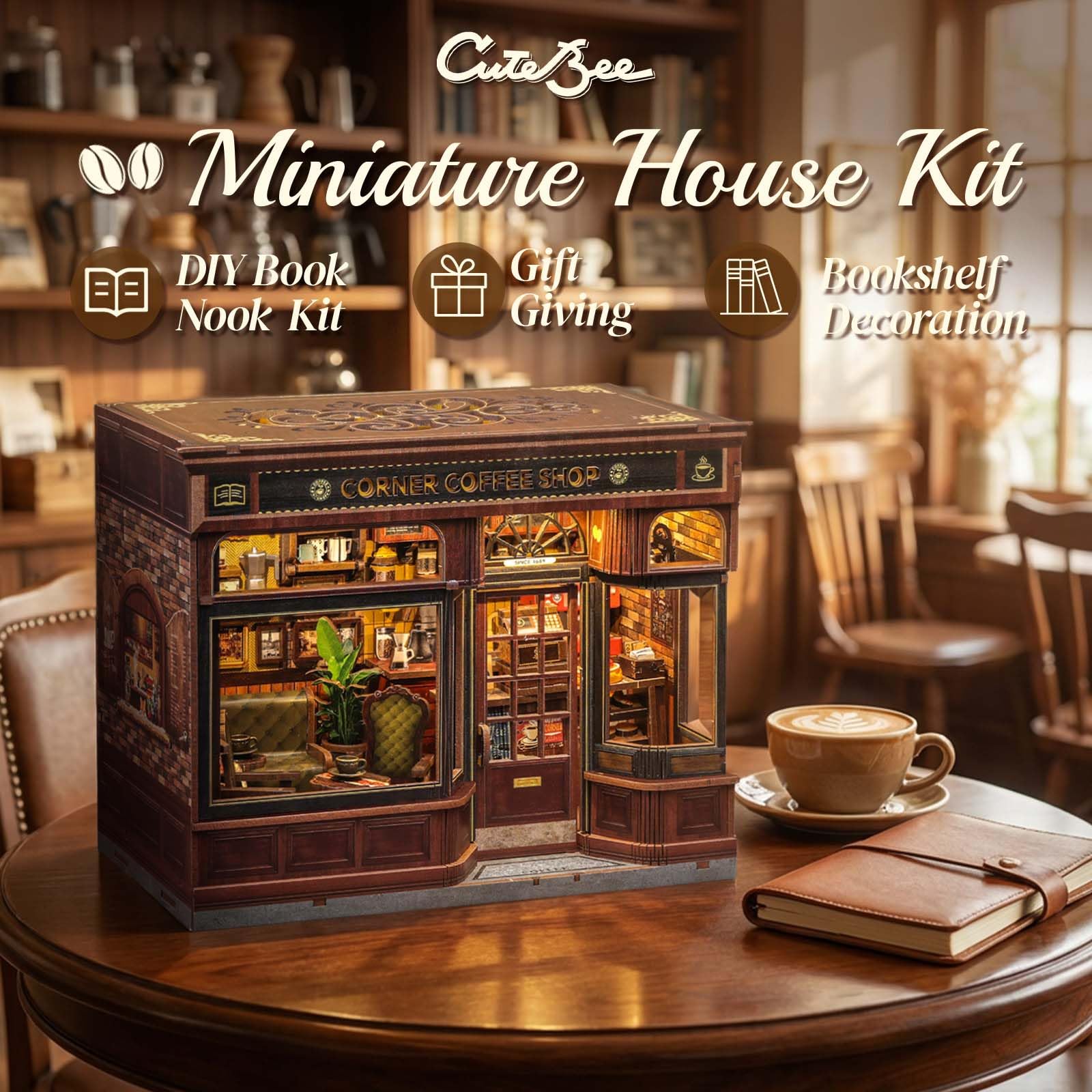 CUTEBEE Book Nook Kit - Casa Prefabbricata Miniature DIY House 3D Puzzle in Legno con Design Caffetteria | Modellismo Creativo per Adulti | Regalo Perfetto per Book Lovers (Corner Coffee Shop)