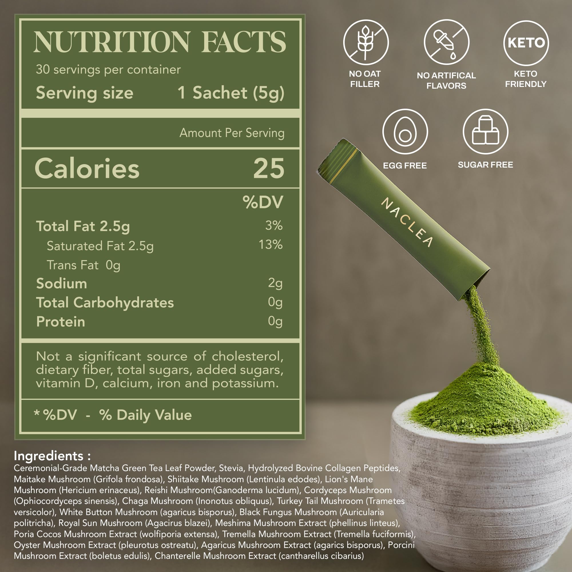 NACLEA Mushroom Matcha Powder - Sugar-Free Japanese Ceremonial Green Tea with 18 Superfood Mushrooms and Hydrolyzed Collagen - — view 6