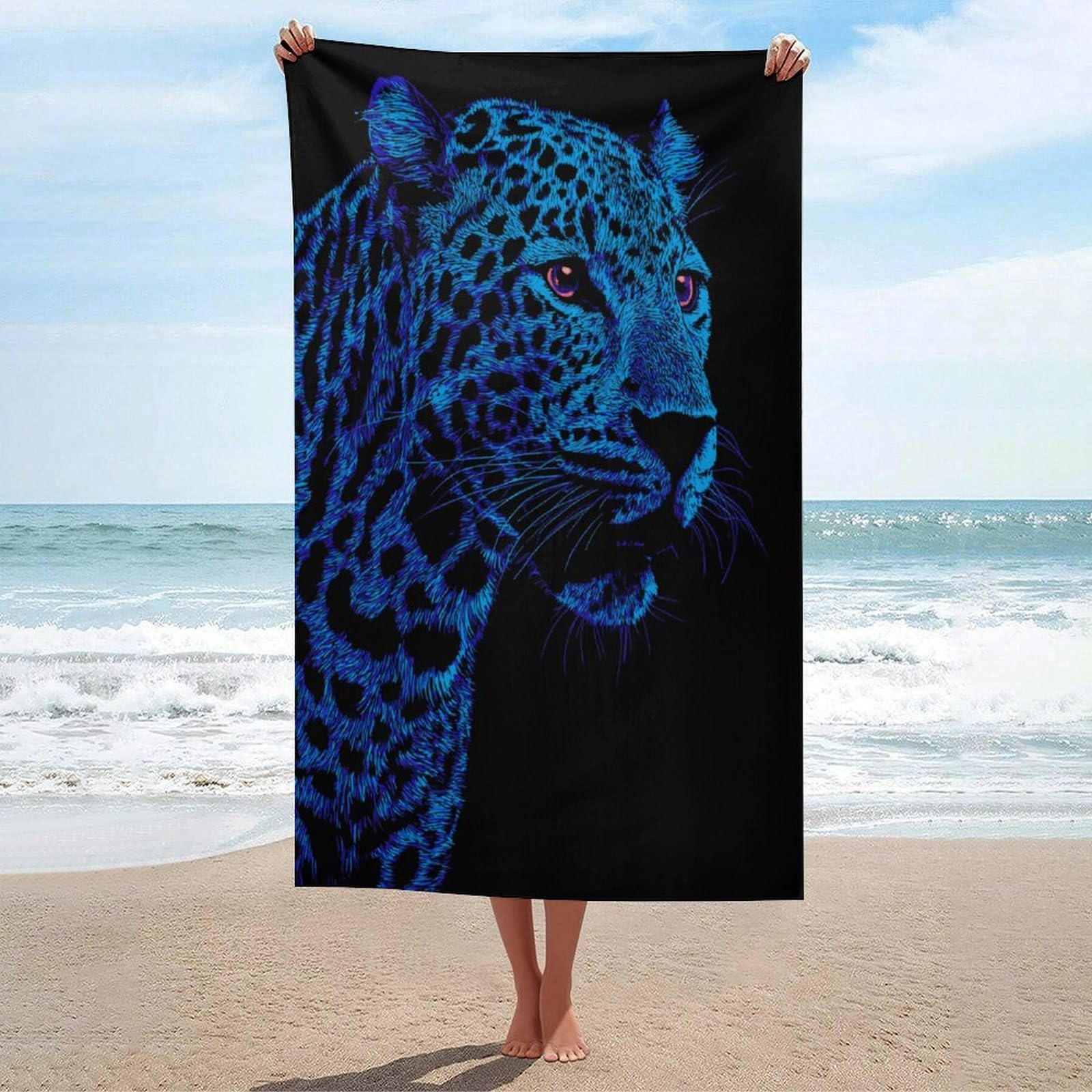 LSRCPD Neon Blue Leopard Pink Eyes Beach Towel Sand Free Microfiber Large Shower Towels Multipurpose Absorbent for Bathroom Pool 130x80 CM