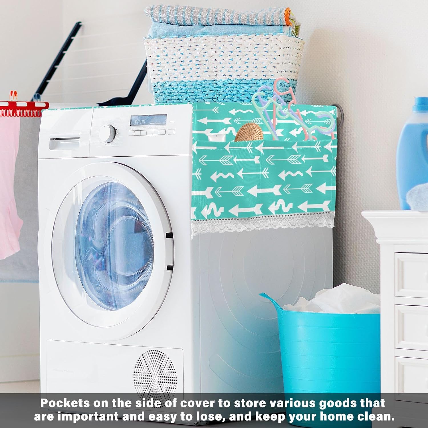 Washer And Dryer Covers For The Top Washing Machine Organizer Dustproof Storage Covers Anti-slip Fabric For Washing Machine Refrigerator Microwave Oven Other Electrical Appliances Arrow White Cyan