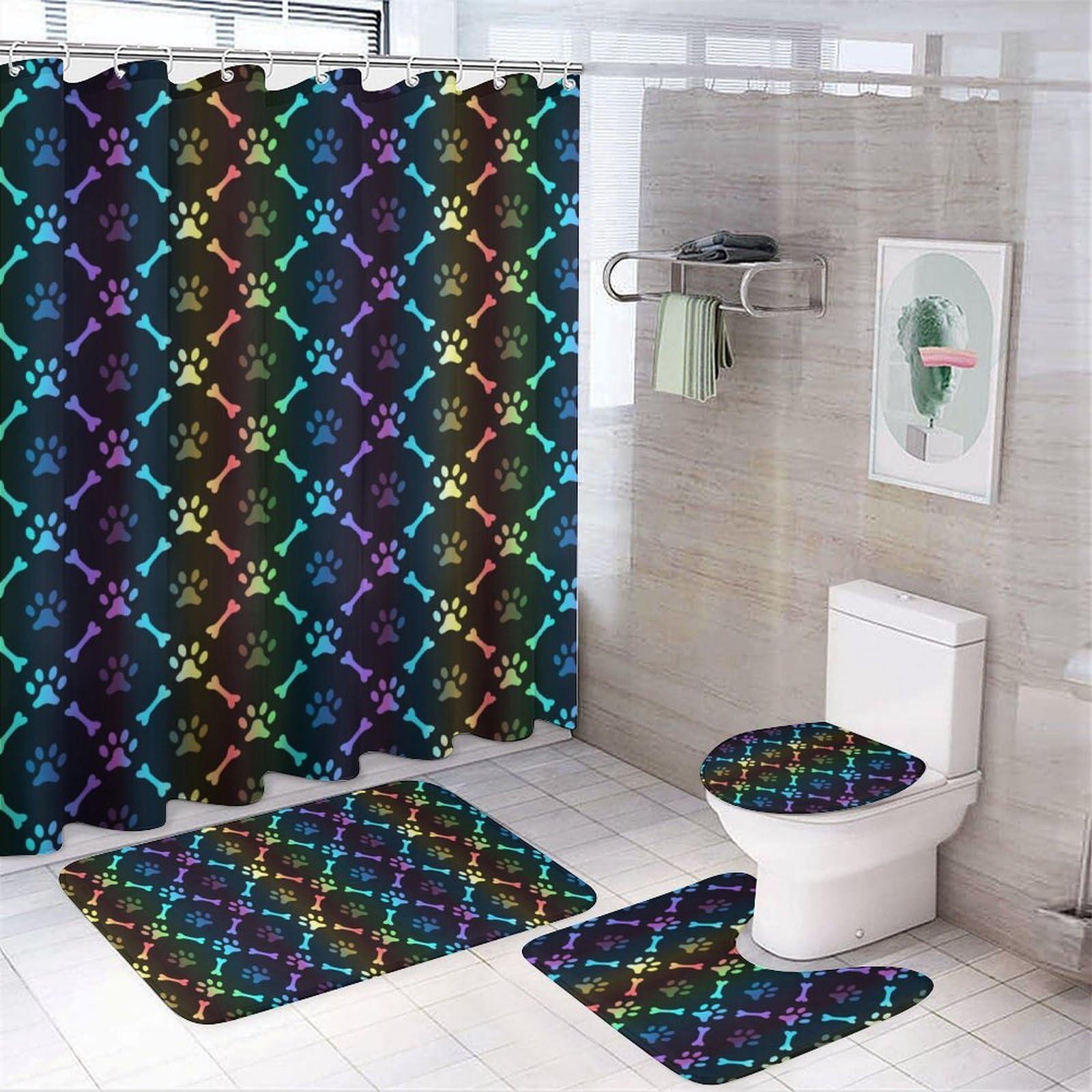 JZemdybill Bathroom Mat Set 4 Piece, Colorful Bones And Paw Shower Curtain with Non-Slip Bath Mats for Bathroom