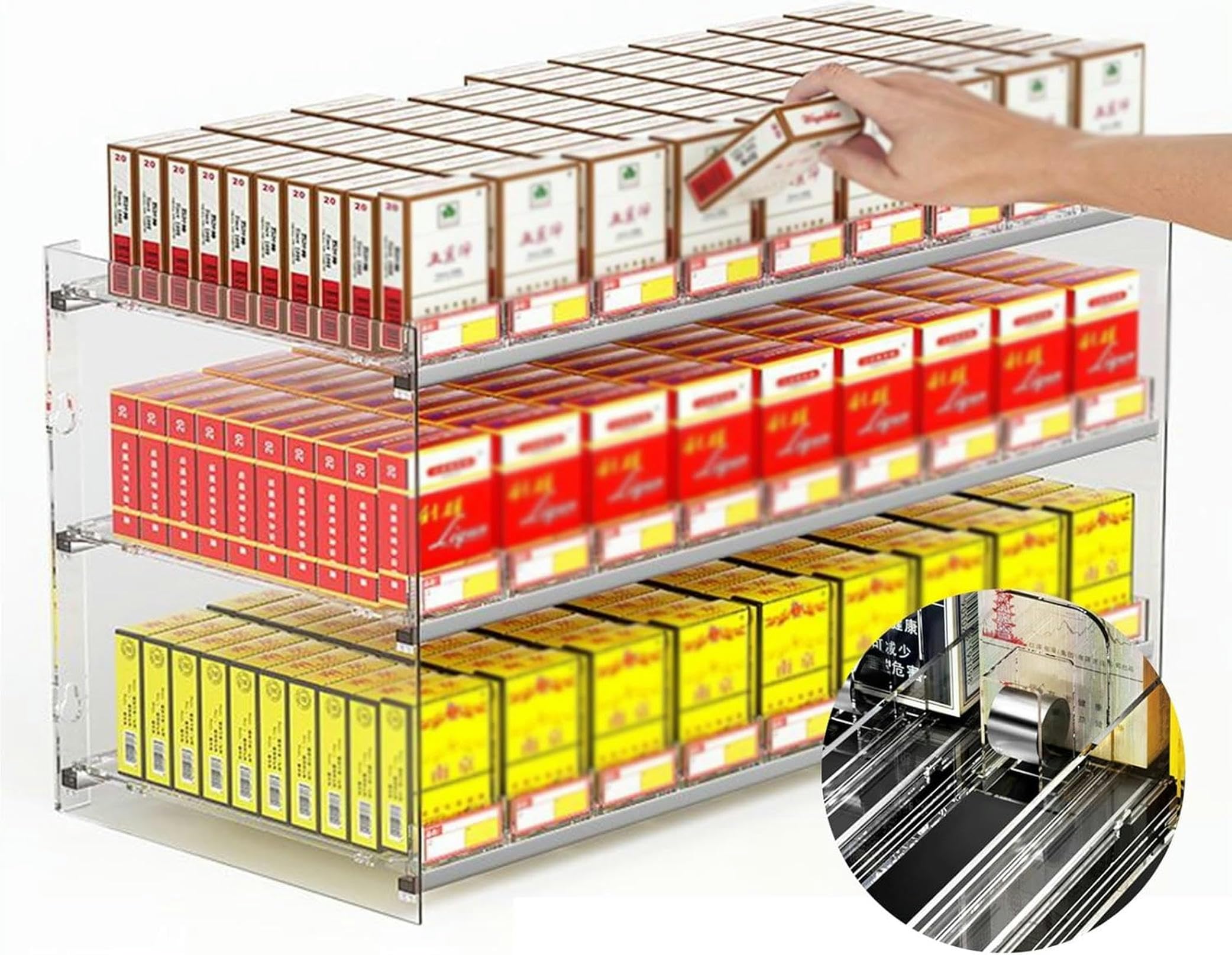 LGEOELIAS Commercial Clear Cigarette Display Holder with Automatic Pushers, Wall Mounted/Countertop Showcases Display Rack for Convenience Retails Stores Shops Vapes Display Cabinet