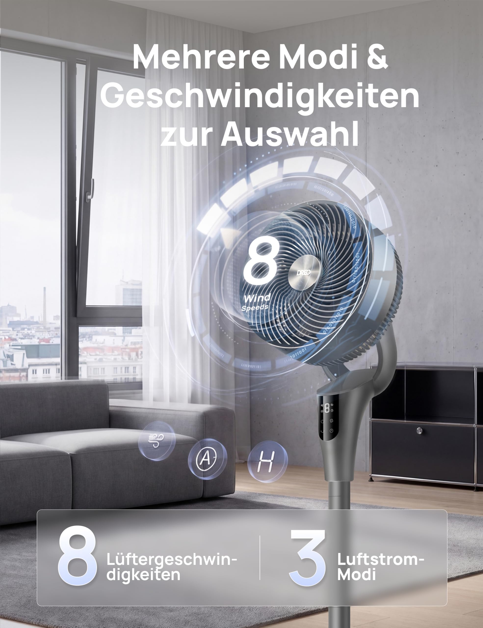 DREO Leiser Standventilator für Schlafzimmer [Verbessert], 27m Luftstrom, Leise, 90° Oszillierend, DC-Motor, 8 Geschwindigkeiten, 3 Modi, 96–106cm Höhenverstellbar, 8H Timer, 105° Manuell Neigbar