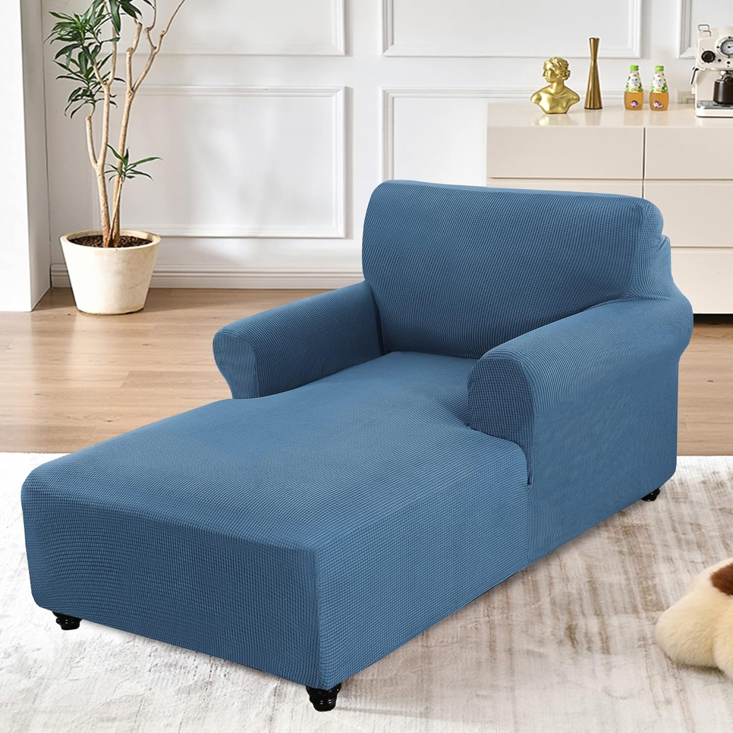 Chaise Cover, Stretch Chaise Lounge Covers, Chaise Chair Slipcover, Sofa Chaise Cover with Double Arm, Jacquard Fabric Small Checks Furniture Protector Couch Soft with Elastic Bottom（Dust Blue，M）
