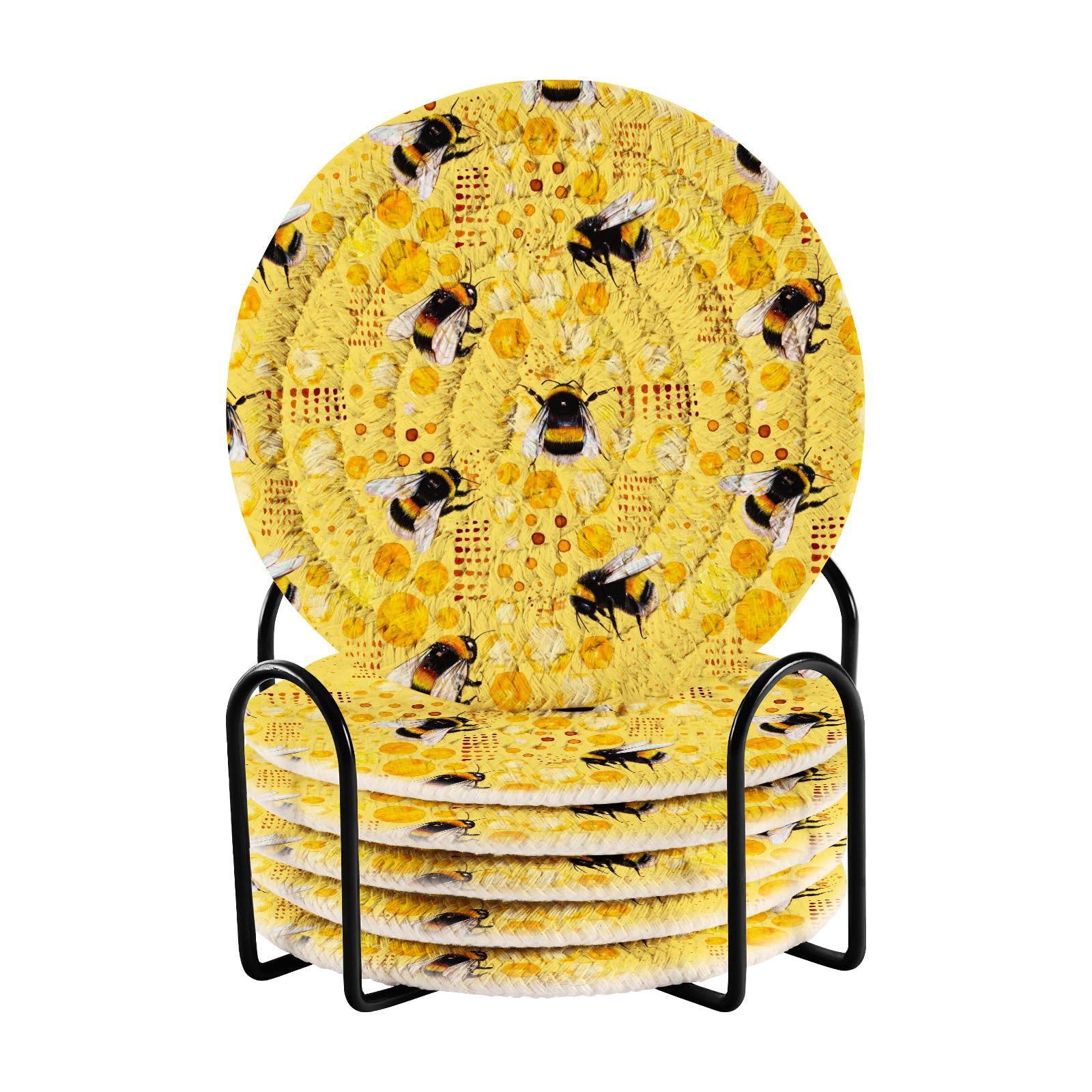 Yellow Honeycomb Drink Coasters Set of 6 - Absorbent Decorative Bar Coasters for Coffee Table Protection