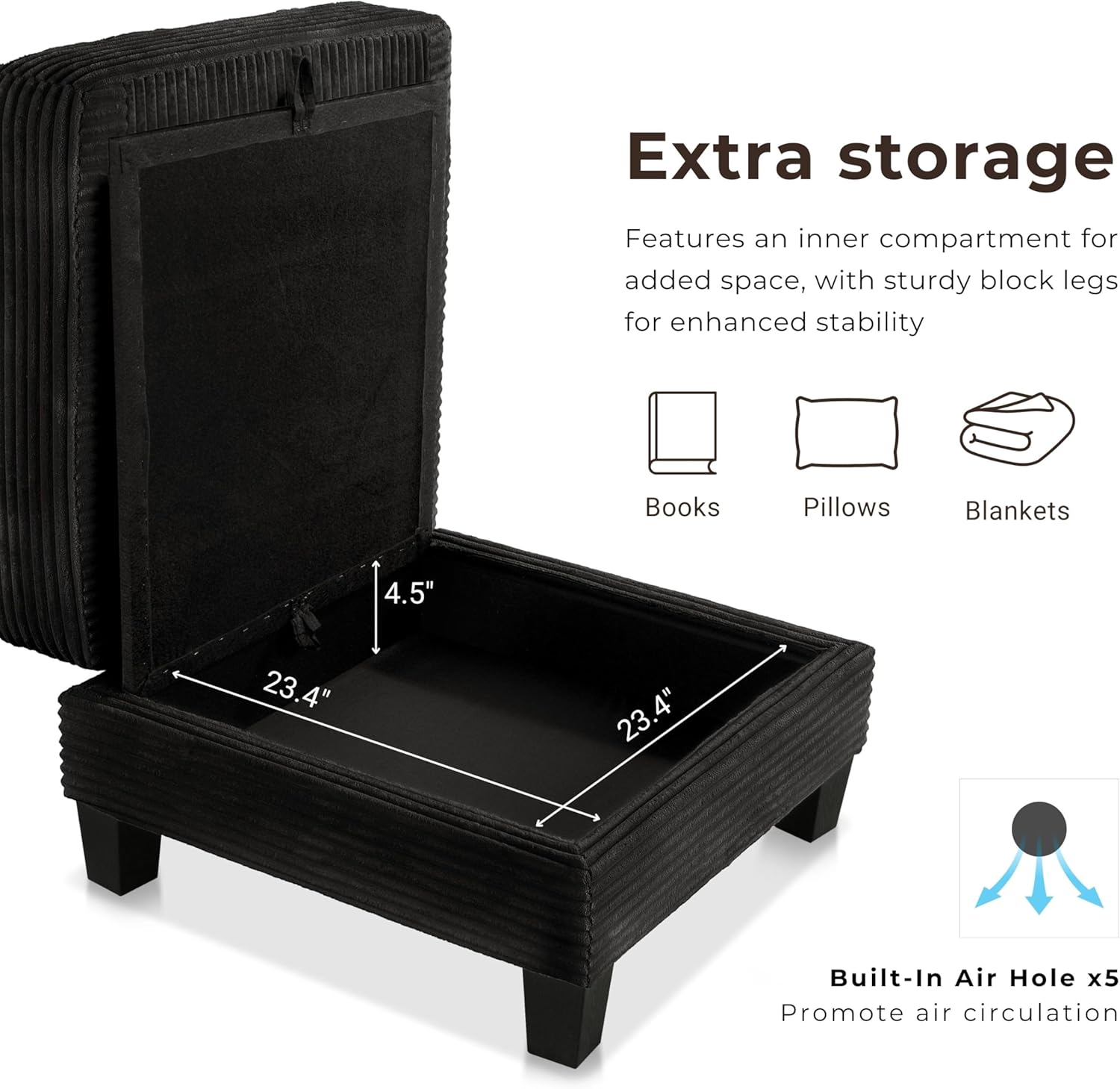 HOMES: Inside + Out Reese Modern Chenille Square Storage Ottoman with Flip Top and Padded Seat, Upholstered Footstool for Living Room, Bedroom, Entryway, Dark Grey