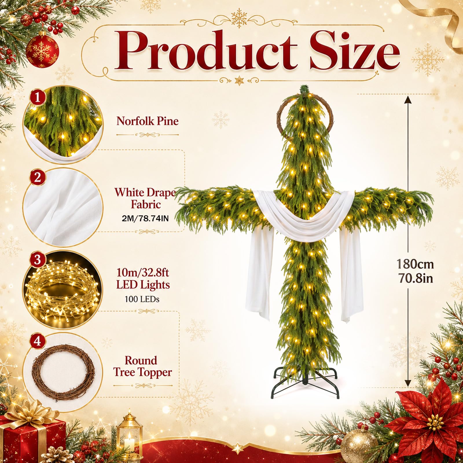 Junkin Árbol de Navidad de cruz de 6 pies con luces, decoración católica de