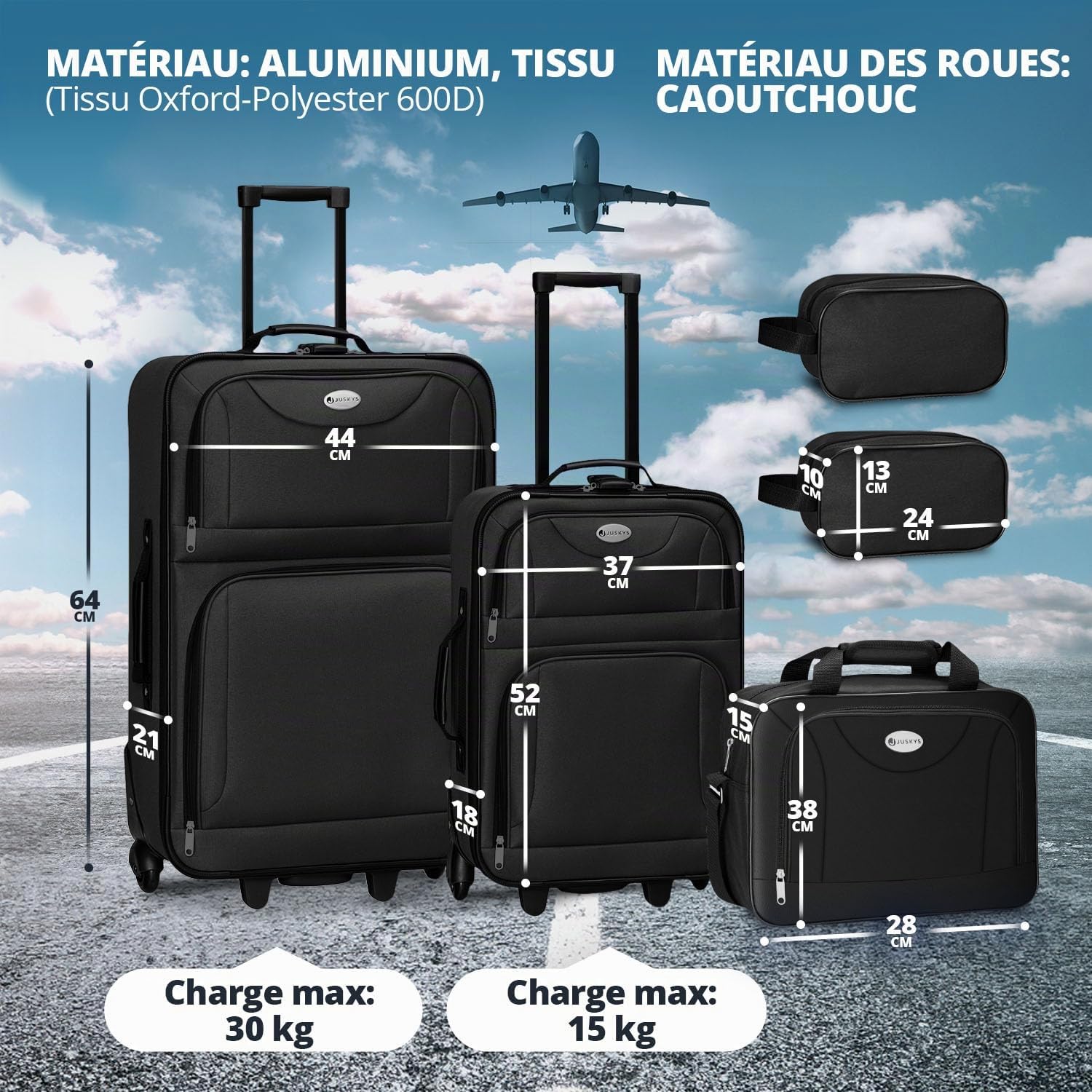 Juskys Trolley Ensemble de valises 5 pièces - 60 et 34 litres, 2 Roues, Coque Souple, Tissu Hydrofuge, légères, Bagage à Main - valises Noires
