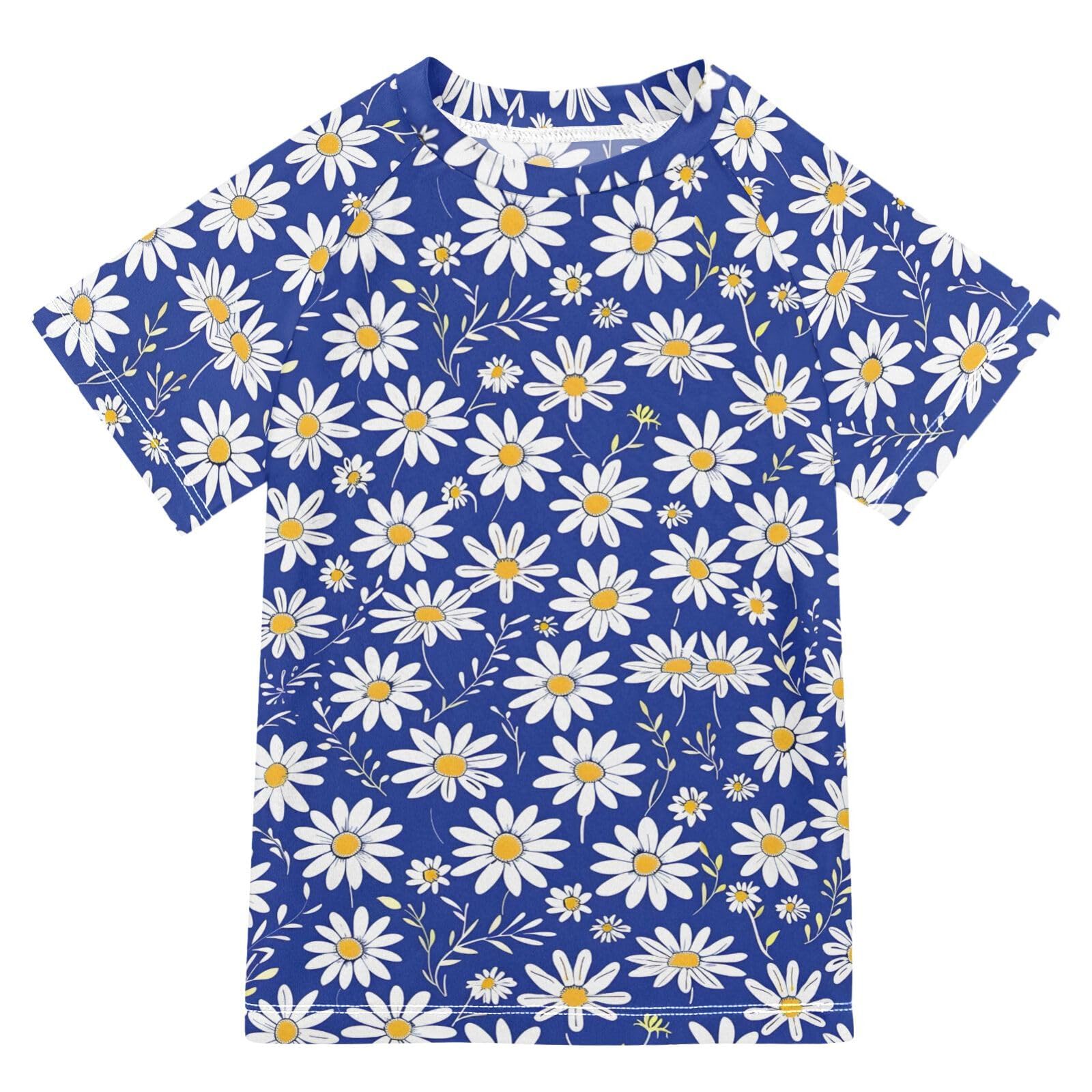 Boys Rash Guard Short Sleeve Swim Shirts for Boys Flowers Indigo Sun Protection 7-8T