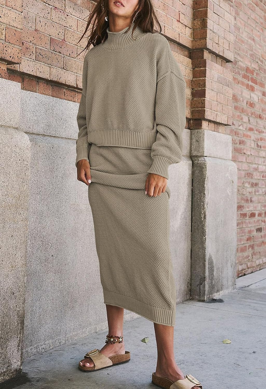 Pink Queen Women's 2 Piece Sweater Set Outfits Long Sleeve Oversized Top Bodycon Maxi Long Skirt Knit Dresses - Image 3