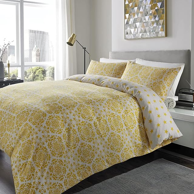 ED Flannelette Printed Duvet Cover Set | 100% Brushed Cotton Flannel Fleece | Reversible Bedding Quilt With Pillowcase (Yellow Stars, King Size)