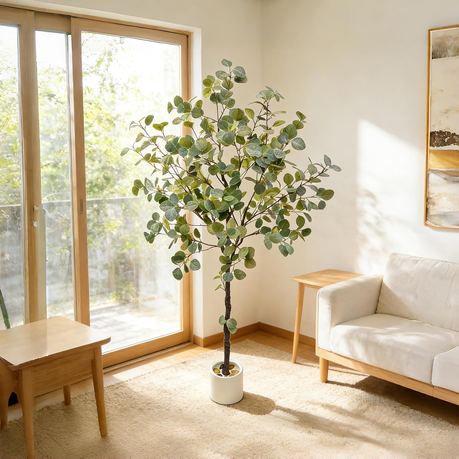 6FT Artificial Eucalyptus Tree, Lifelike Fake Plant Silver Dollar Silk Leaves & Real Touch Texture with Adjustable Branches for Home Office Indoor Decor for Housewarming Gift(Red Stems) - Image 2