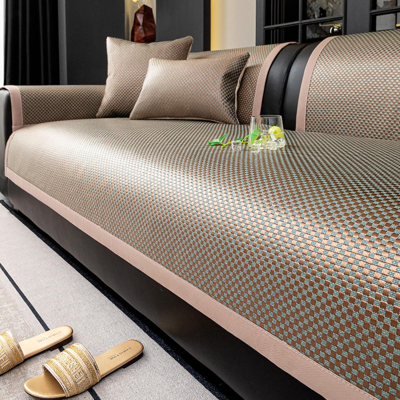 Generisch Sofaauflage aus Rattan,Kühlende Sommer-Sofa-Schonbezüge Sofaschutz Hund Katze Kratzschutz Sofabezug Möbelschutz für Wohnzimmer L Form Sofaschoner Chaiselongue Ecksofa,Coffee,70x180cm