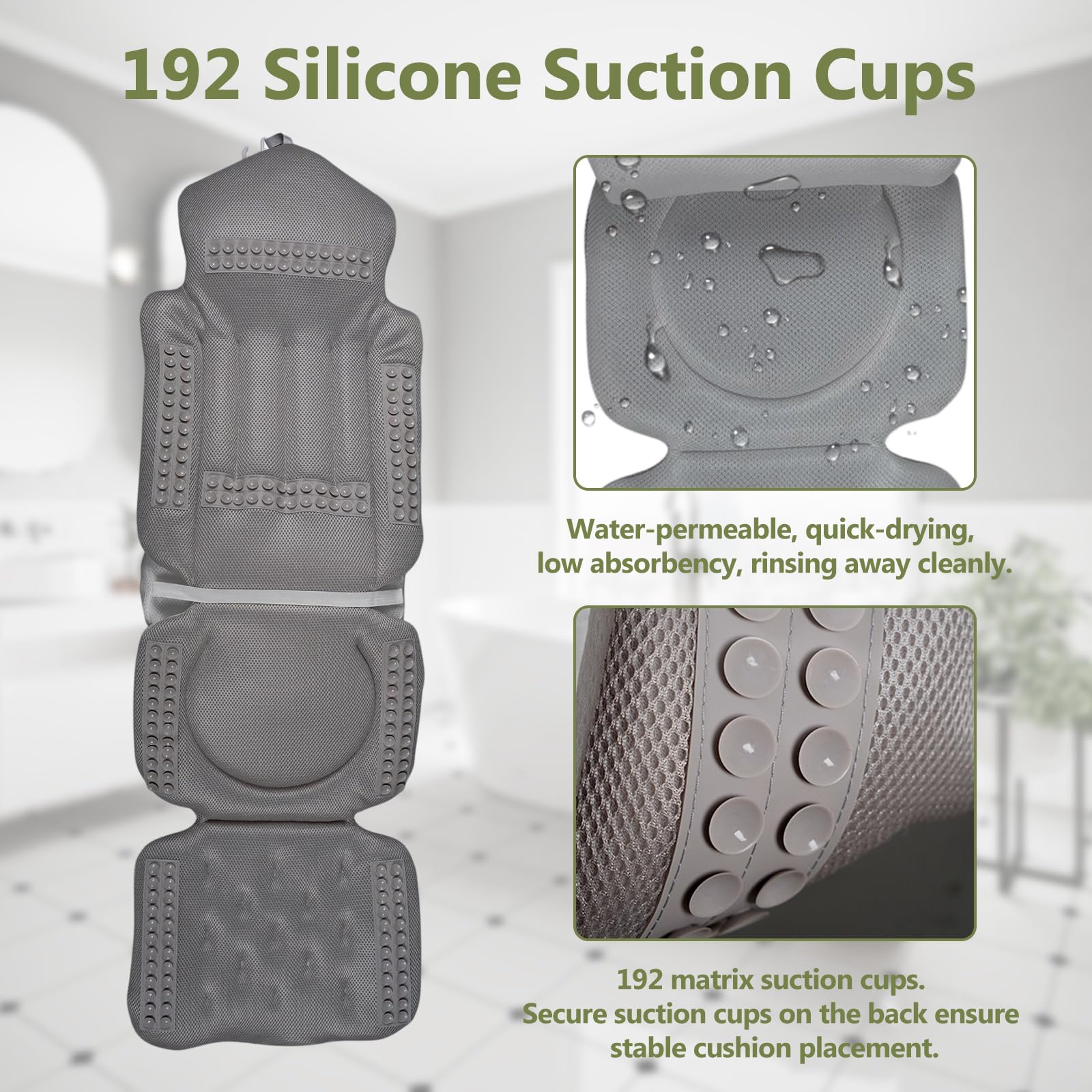 Almohada de baño de cuerpo completo con reposacabezas, soporte lumbar extraíble y 192 ventosas, inserto antideslizante para bañera, cojín de malla de secado rápido, respetuoso con la piel, lavable a