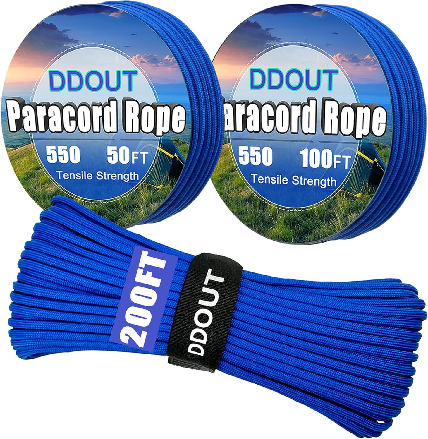 Paracord Nylon Rope Blue 50ft with 7-Strand Core, 10 Colors and 50/100/200 ft, Type III Parachute Cord 4mm for Camping, Survival, Hiking, DIY, Crafting, Outdoor Utility Rope Blue 50 ft