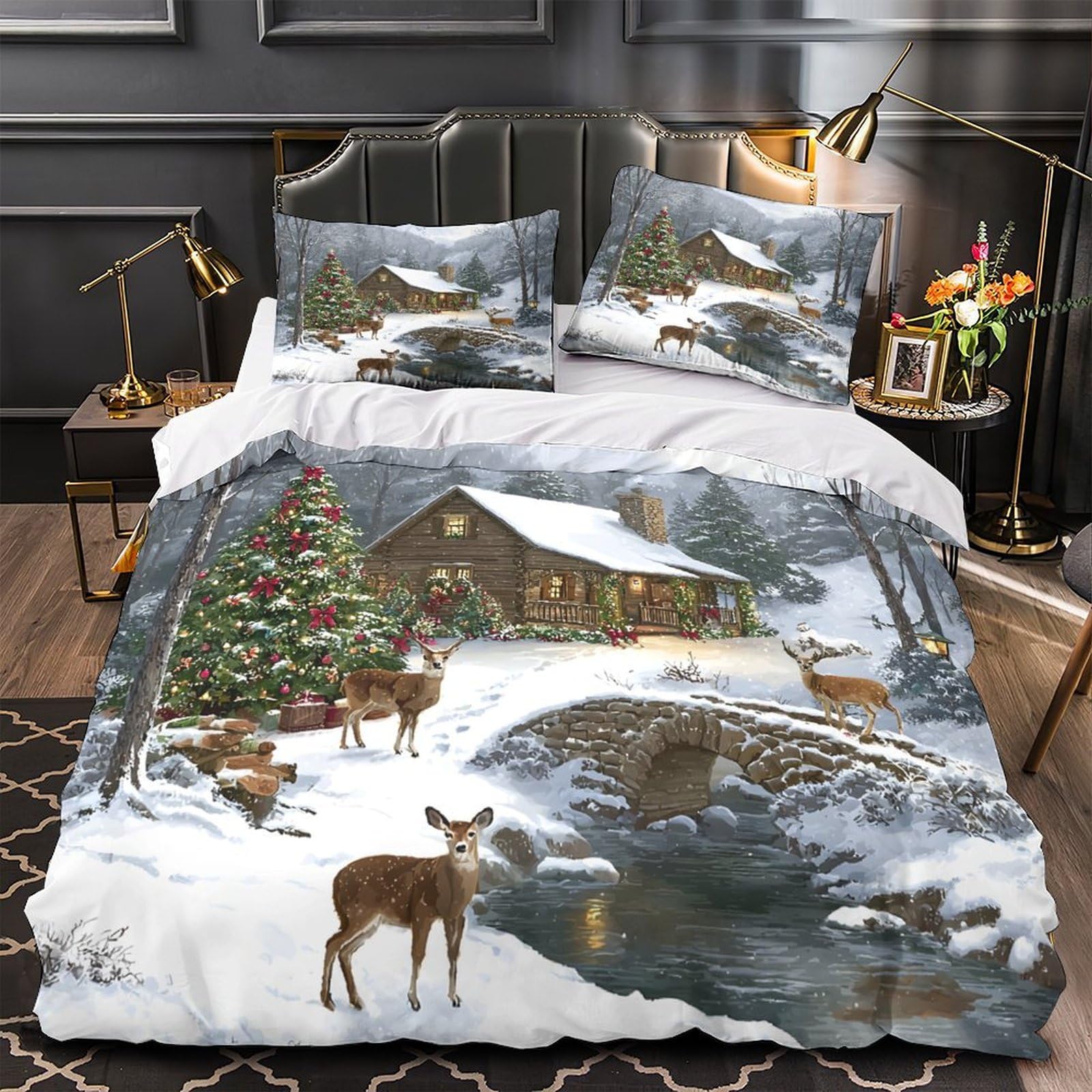 Housse de couette chalet de Noël 135x200 parure lit microfibre
