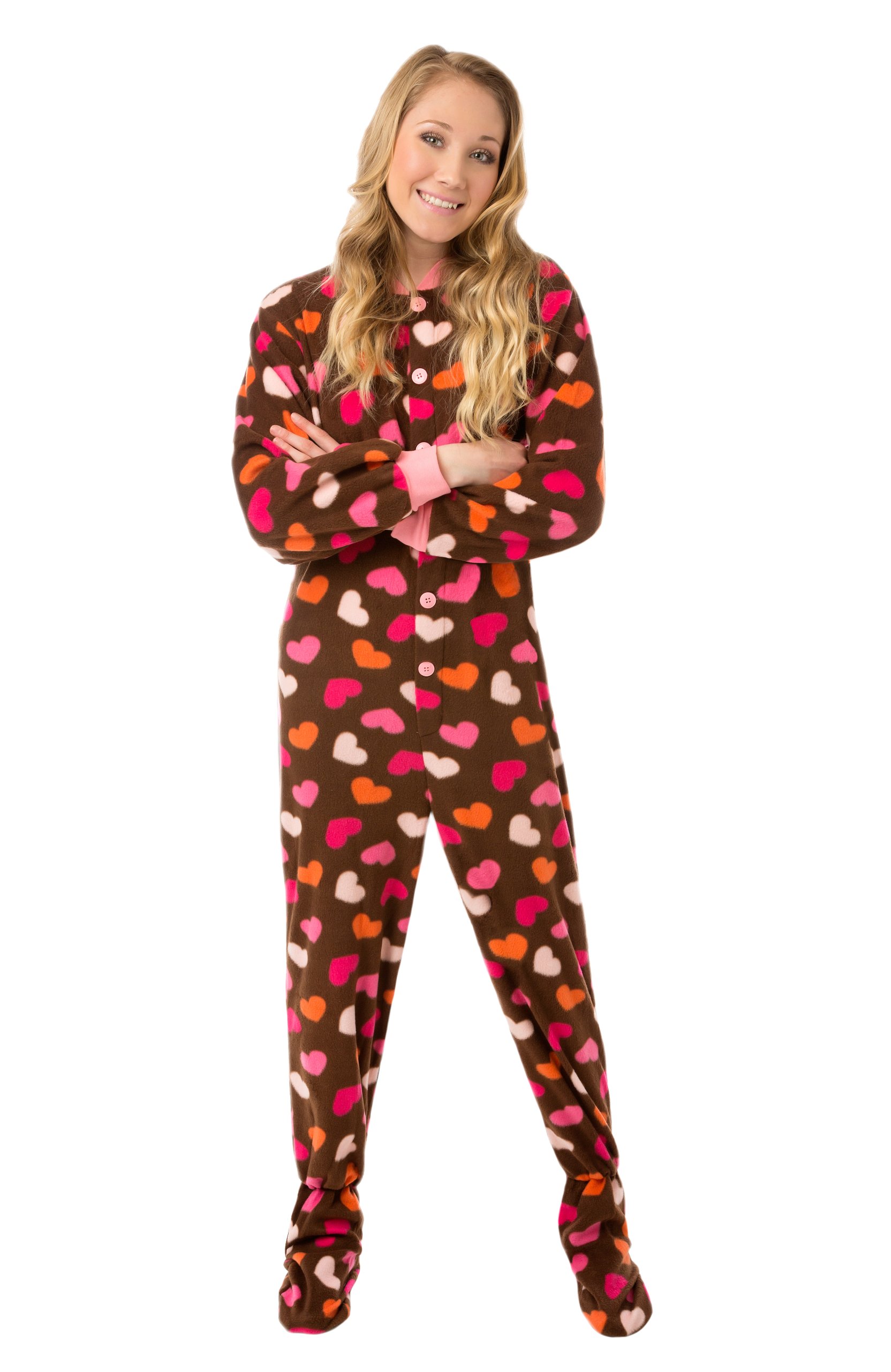 Brown Fleece Pink Hearts Womens Footed Pajamas Onesie with Drop seat