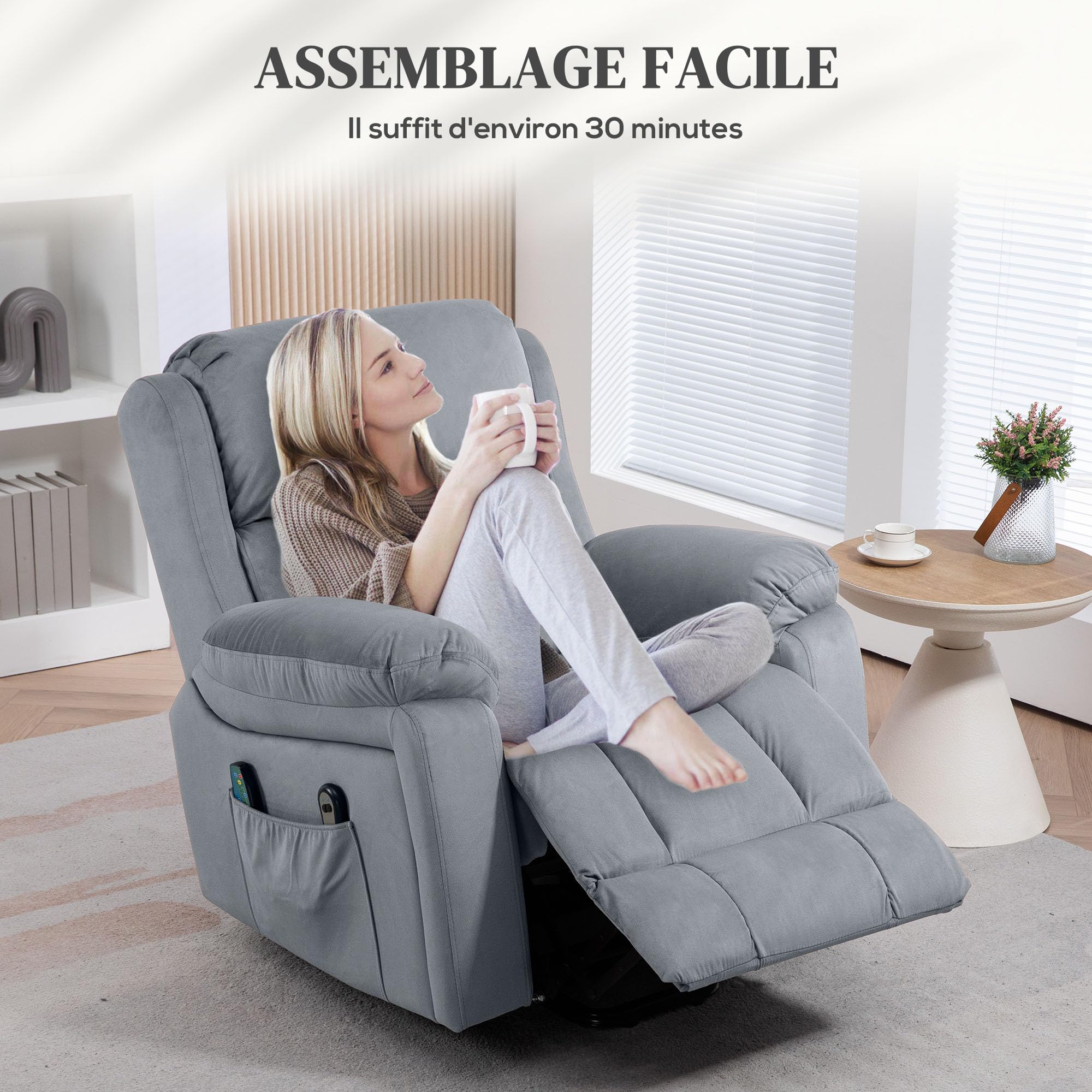 HOMCOM Fauteuil Relax électrique, Fauteuil électrique releveur, Massage et Chaleur, Inclinaison réglable, Assise Large, revêtement synthétique, Fauteuil Relaxant avec Repose-Pied, télécommandes, Gris