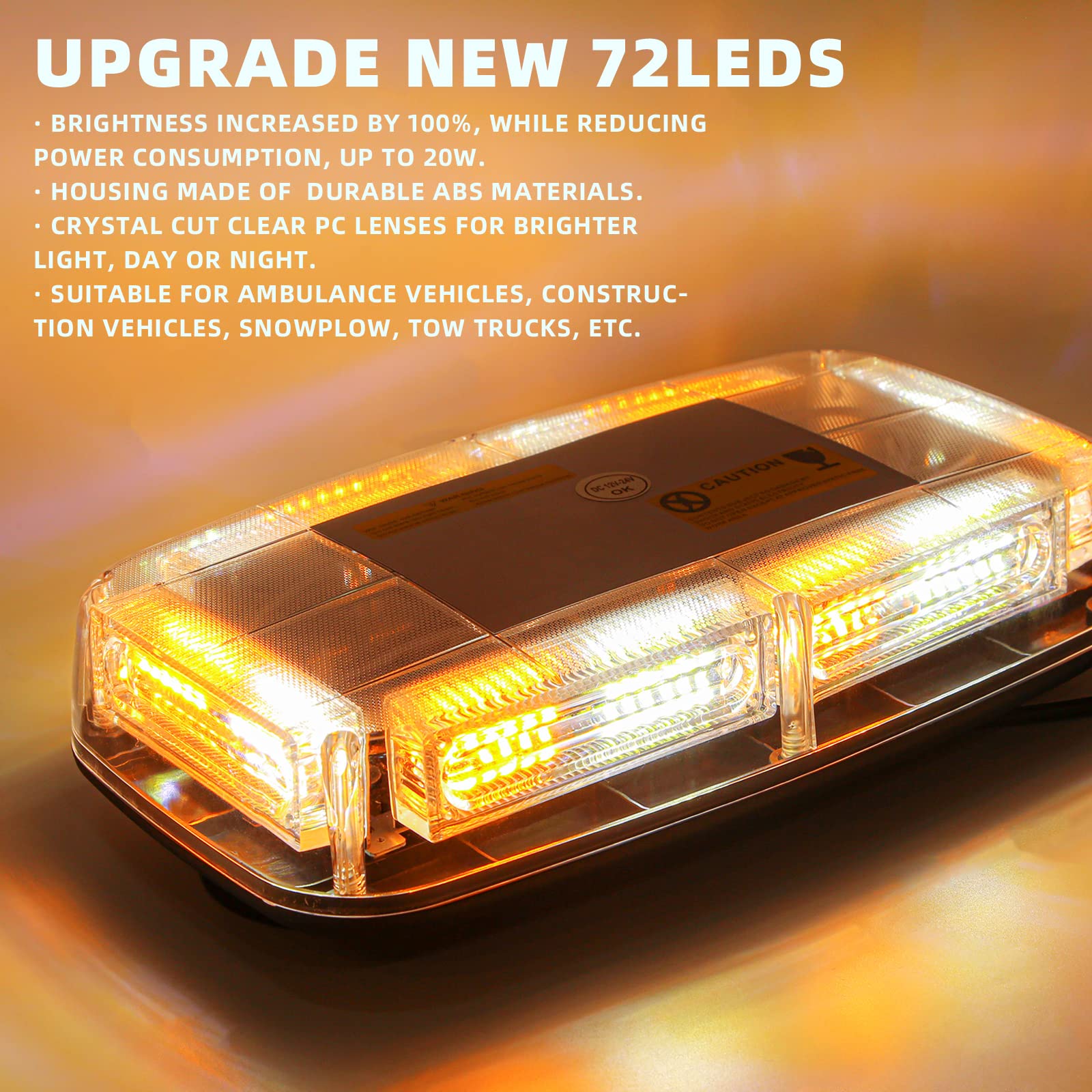 PKINGLAKE 2-Pcs 72LED Roof Top Emergency Strobe Beacon Lights, 12-24V High Visibility Safety Warning Mini Strobe Light bar with Magnetic Base for Snow Plow, Trucks, Construction Vehicles (Amber/White)