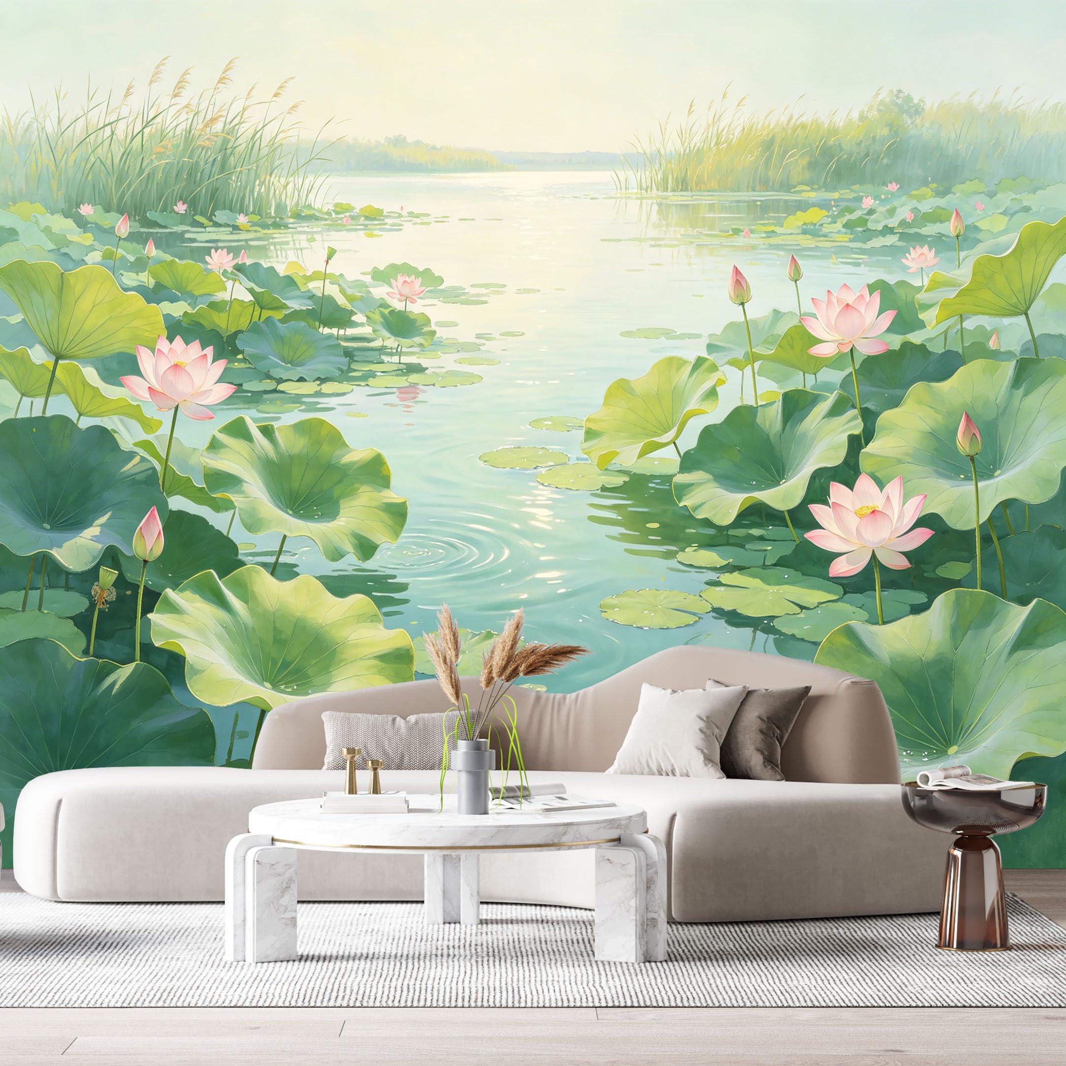 Custom Size Wall Murals Tranquil Lotus Pond Botanical Watercolor Lake Scenery SelfAdhesive Wall Fabric Removable Large Wallpaper for Photo Living Room