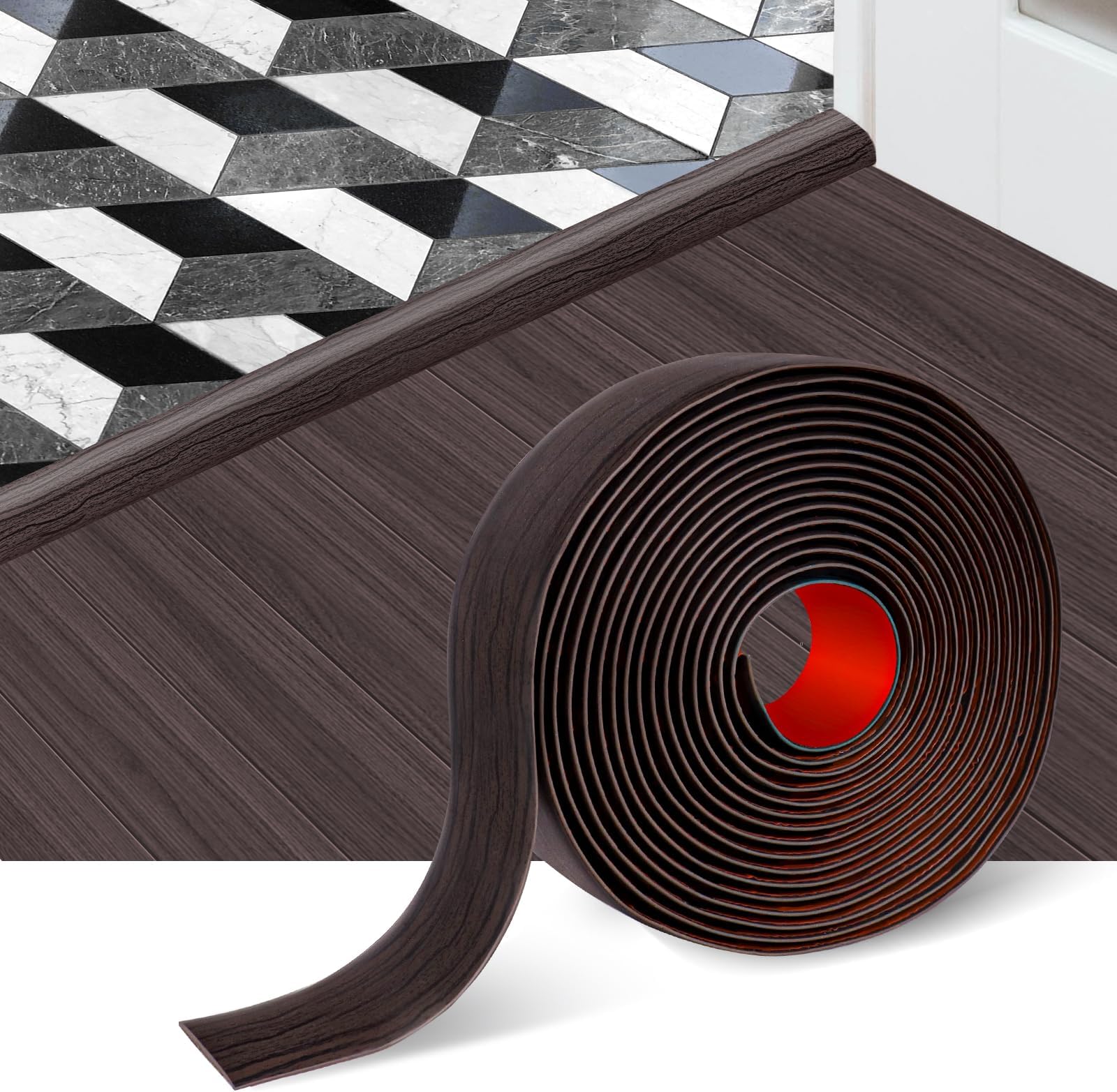 Floor Transition Strip Self Adhesive Floor Cover Strips Laminate 2" Wide Vinyl Flat Divider Transitions Elegant Wood Grain Design (5cm, 3.3Ft, Black Walnut)