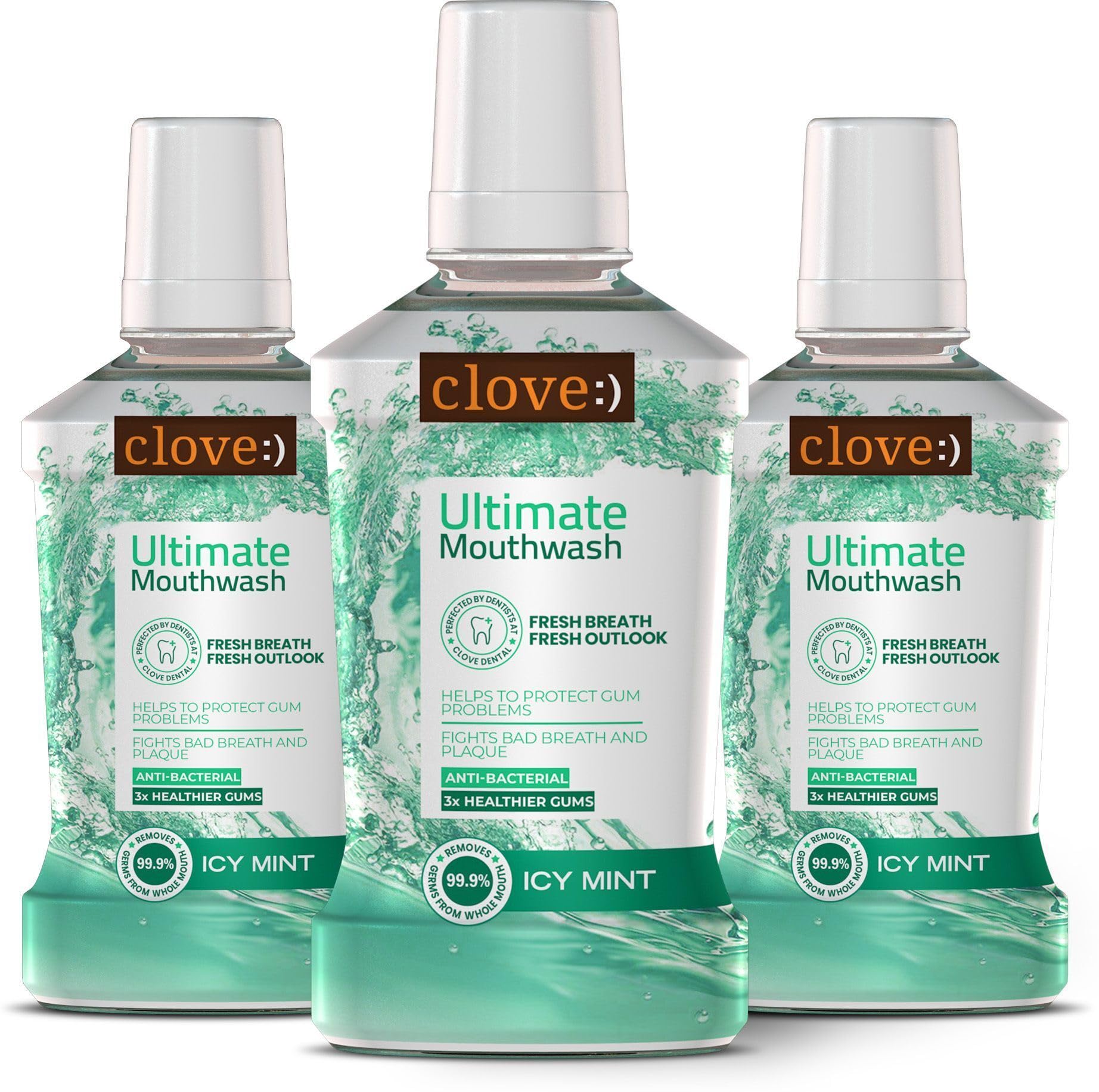 Clove Ultimate Mouthwash , FREE Family Dental Health Plan ₹2000, Antibacterial & Anti-Plaque , Kills 99.9% Germs , 24-Hour Bad Breath Protection , Safe formula, Fresh Icy Mint Flavour , Pack of 3 (250ml Each)
