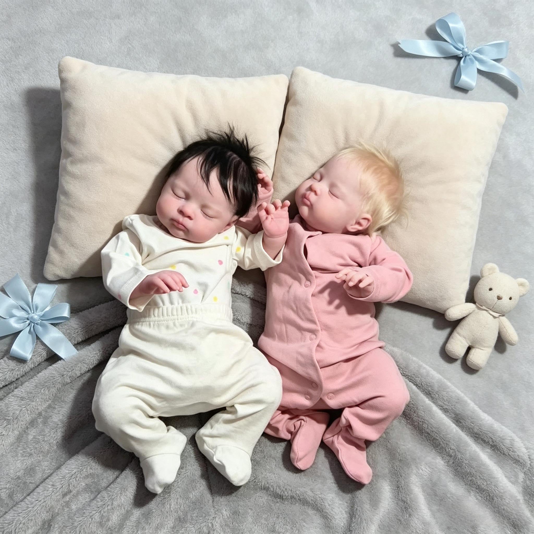 RXDOLL Lebensechte Reborn Babypuppen Zwillinge 19 Zoll Schlafende Reborn Baby Zwillinge Weicher Stoffkörper, Realistische Babypuppen mit Haar, Neugeborenenpuppe Spielzeug für Kinder