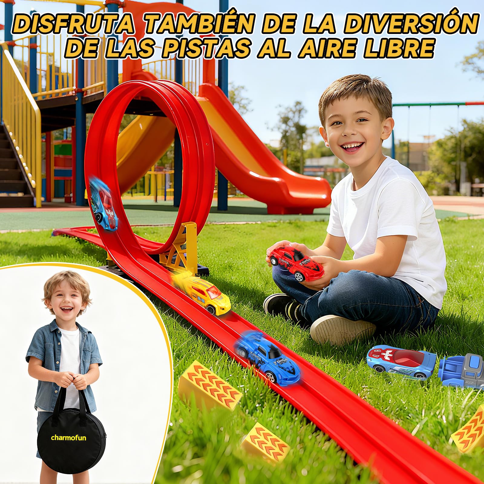 Charmofun Pista de Coches Flexible 5M, Pista de Coches para Niños con 4 Coches, Bolsa Almacenamiento, 2 Lanzadores, 8 Rampas y Ventosas, Pista De Carreras Portátil para Niños de 3+ Años (Rojo)