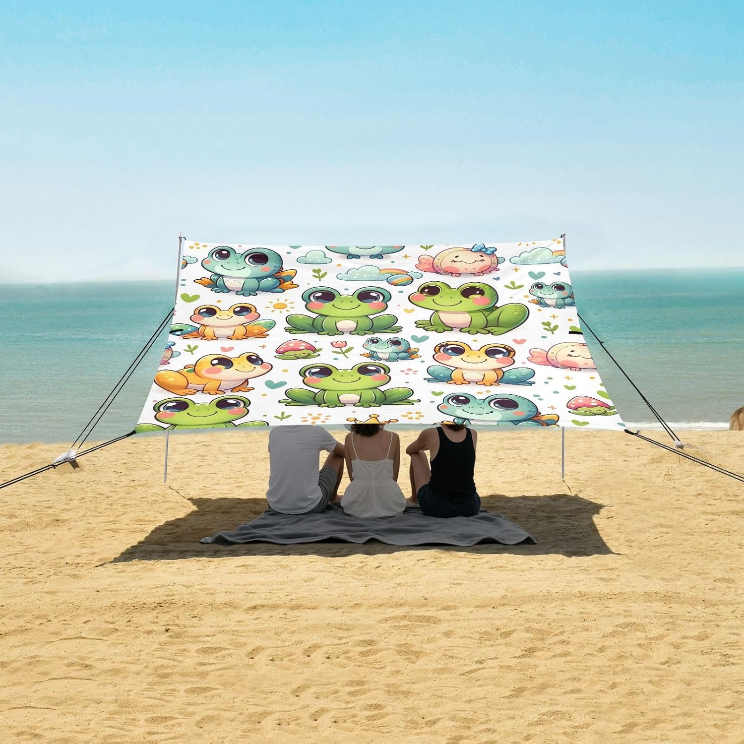 ALAZA Cartoon Frog Cute Animal Beach Tent Sun Shelter UPF50+ Protection Beach Shade Canopy w/ 4 Sandbags for Outdoor Camping, Fishing, Backyard Fun, Picnic, 10x9 ft