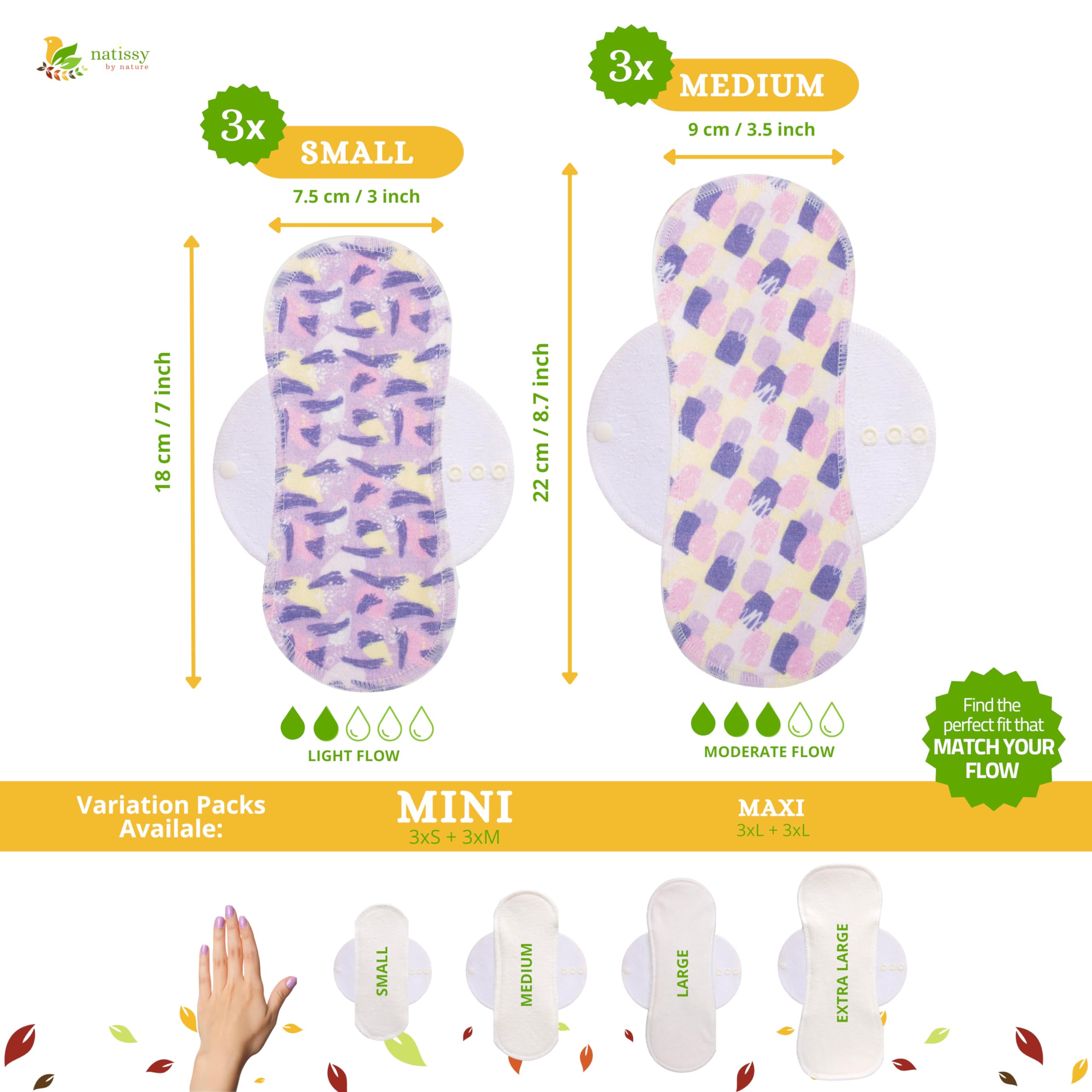 Non Slip Cloth Menstrual Pads Light Flow 6-Pack (S+M) Organic Cotton Washable Pads Menstrual for Women and Teens & Non Slip Reusable Panty Liners for Women 7-Pack (M) Thin Cloth Panty Liners