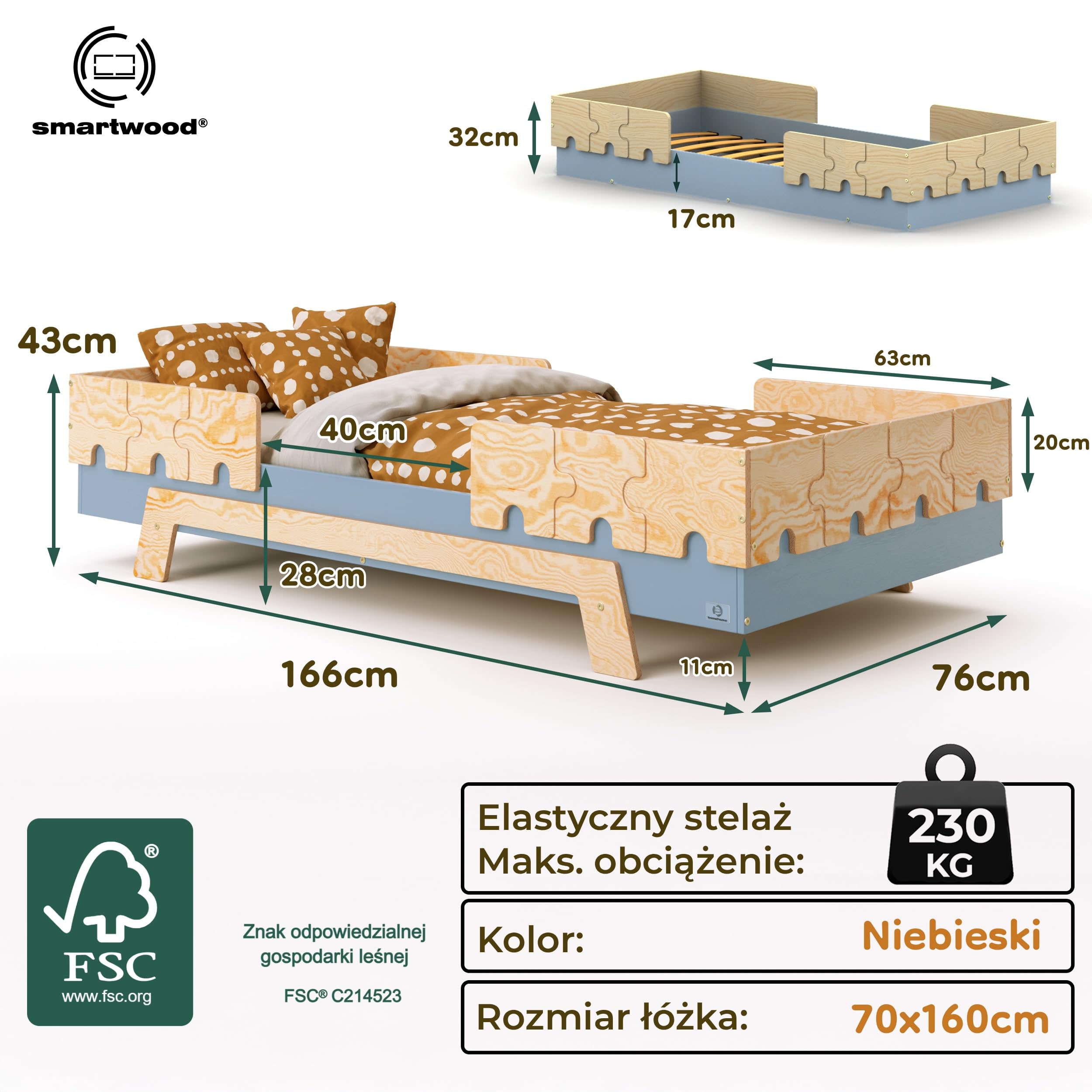 smartwood Łóżko dziecięce 70x160 ze stelażem, Sosna, Niebieski, PUZZLE BR2 | Łóżko Montessori 6 w 1, dwie barierki, nośność do 230 kg, sklejka sosnowa FSC, zaokrąglone krawędzie, łatwy montaż, od 3 lat