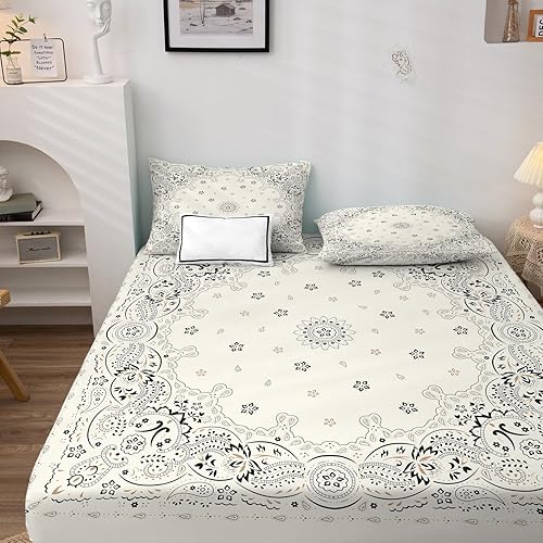 Miniatura 2 de Juego de sábanas beige con diseño de bandana dividida tamaño King para cama ajustable, sábanas y fundas de almohada con patrón de cachemira,