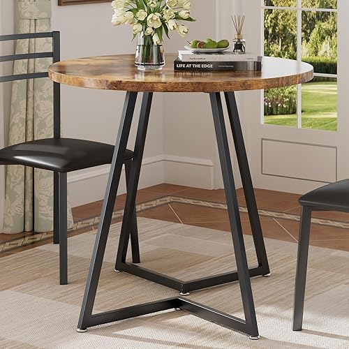 Miniatura 4 de VECELO Mesa redonda de comedor con mesa de grano de madera y marco de acero, para cocina, sala de estar, oficina, conferencia, 2 a 4 personas,