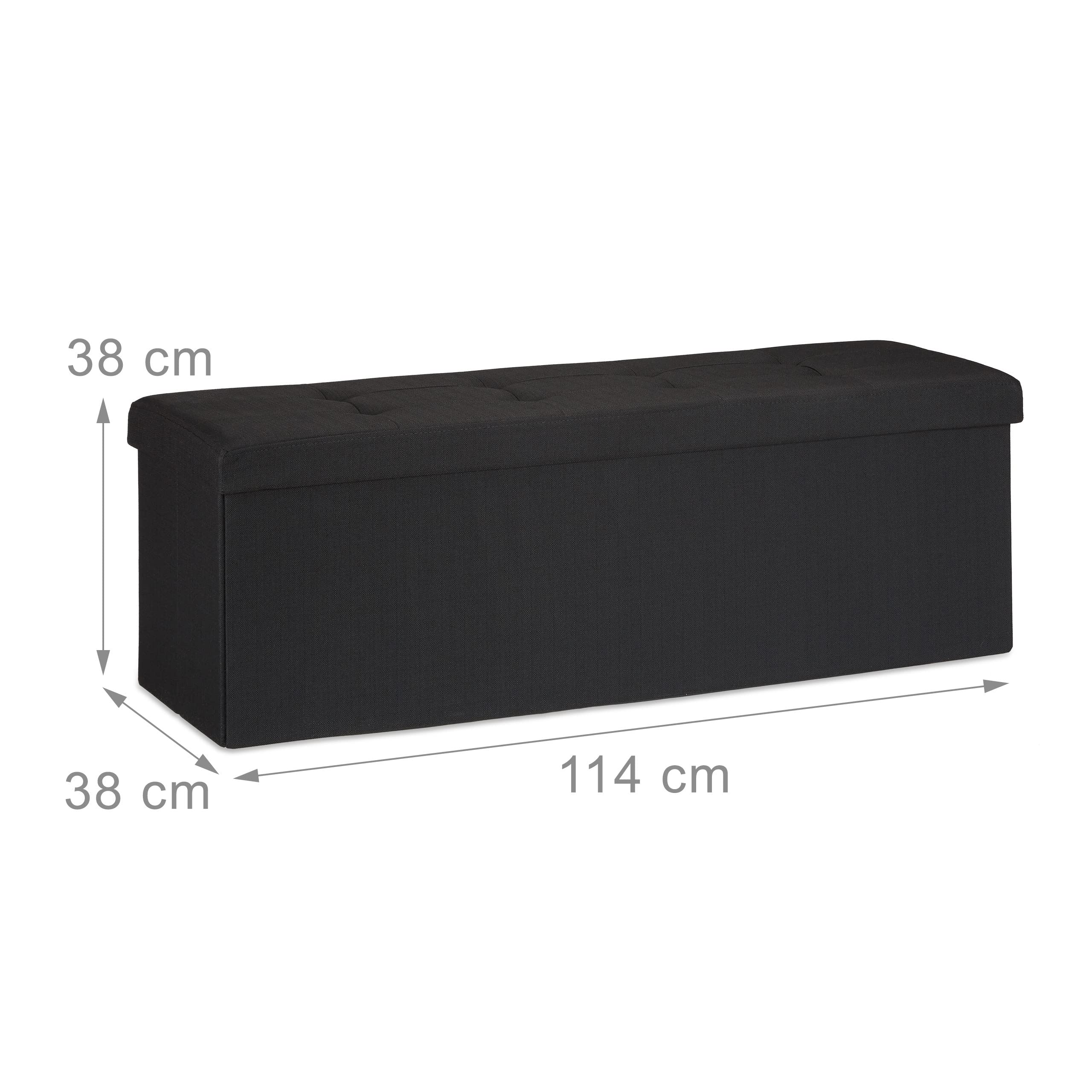 Relaxdays 10019049 _ 46 Pouf pliant, banc avec rangement, repose-pieds, lin, noir, 114 x 38 x 38 cm