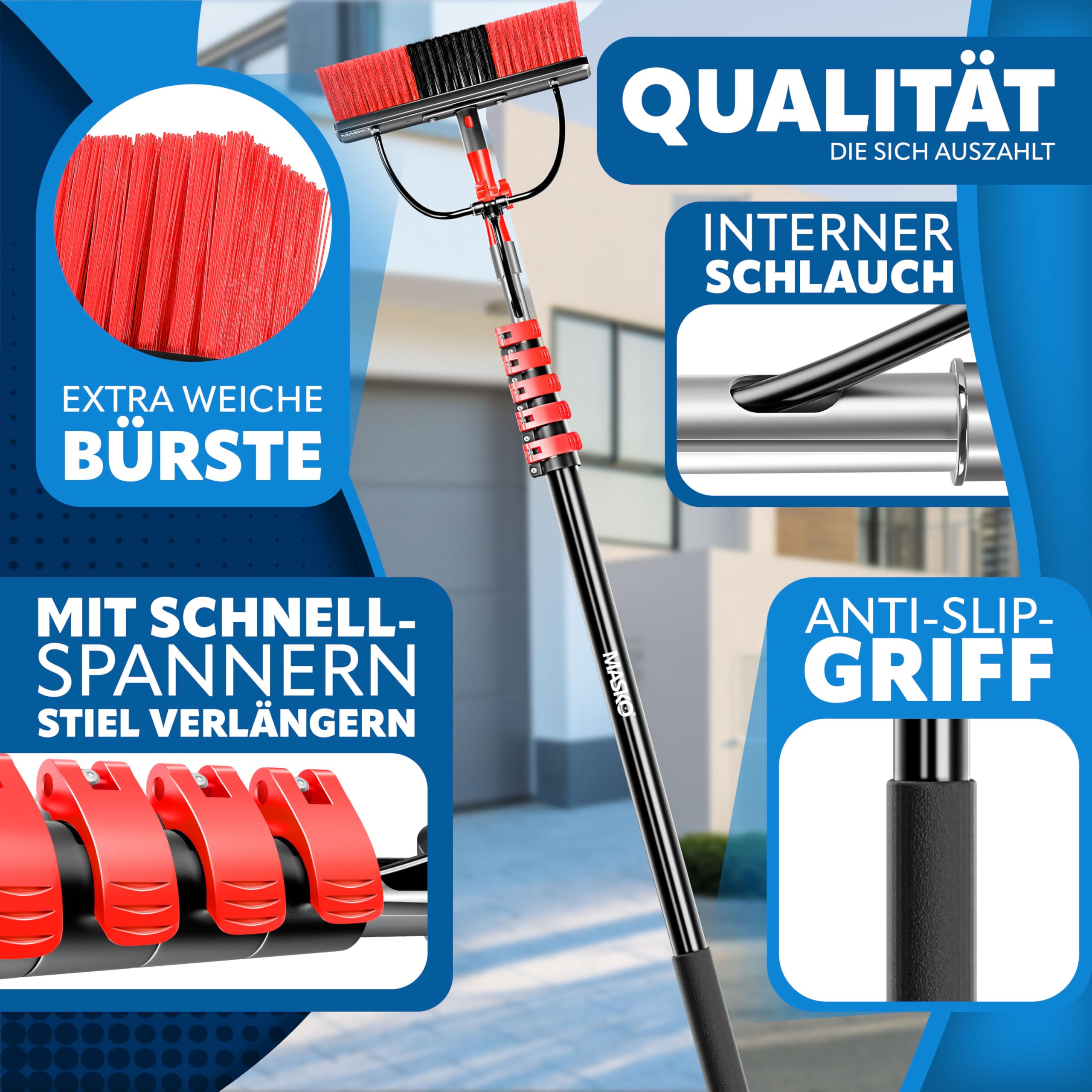 MASKO® Teleskop Waschbürste mit Wasseranschluss 7,2m Reinigungsbürste mit Teleskopstiel Ausziehbar | Teleskopbesen | Fenster & PV-Anlagen-Reinigung | Weiche Borsten Inkl. Seifenspender & Handschuhe