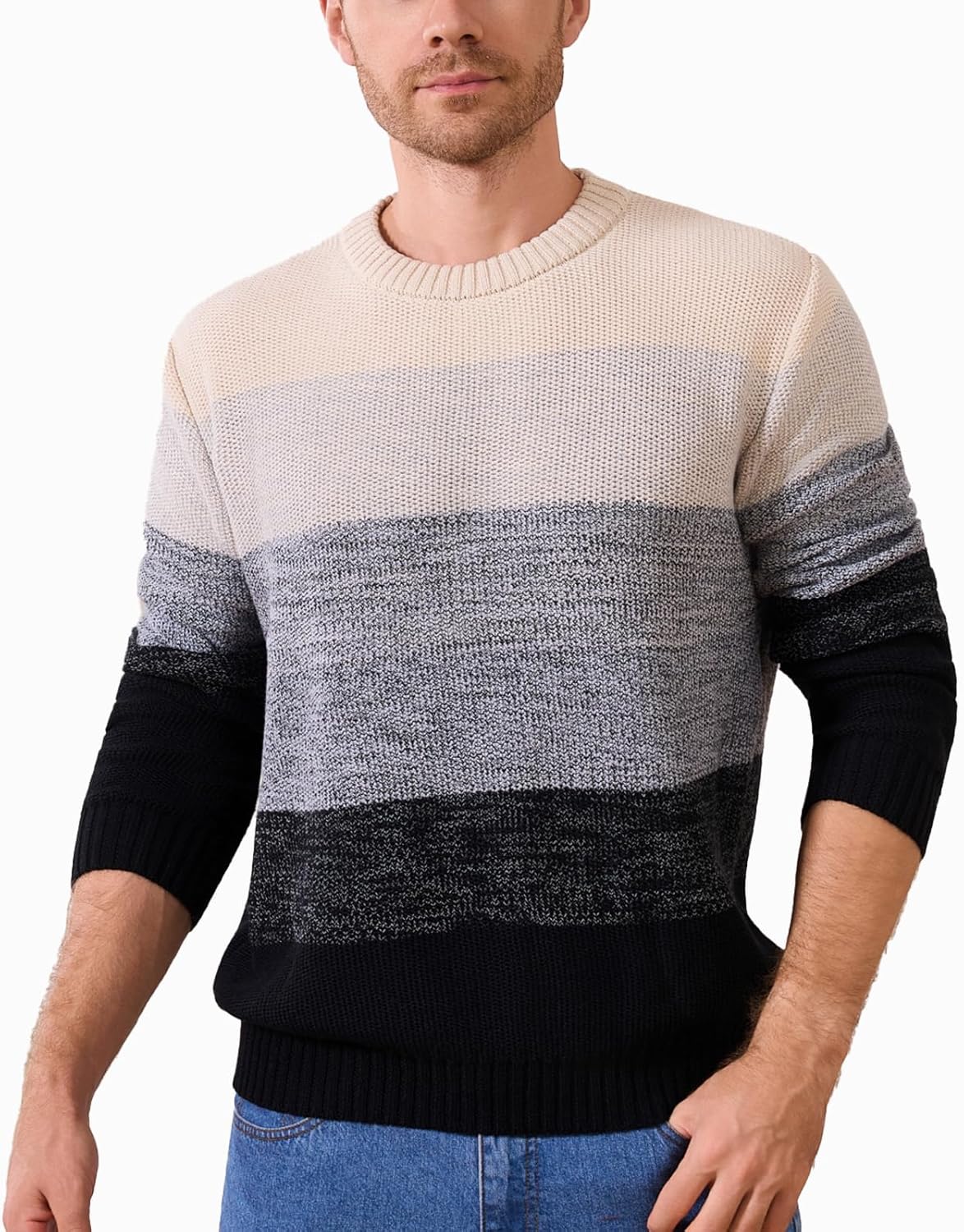 Mens Crewneck Pullover Sweater Casual Color Block Striped Sweater Winter Thermal Cottton Knitted Long Sleeve Sweaters