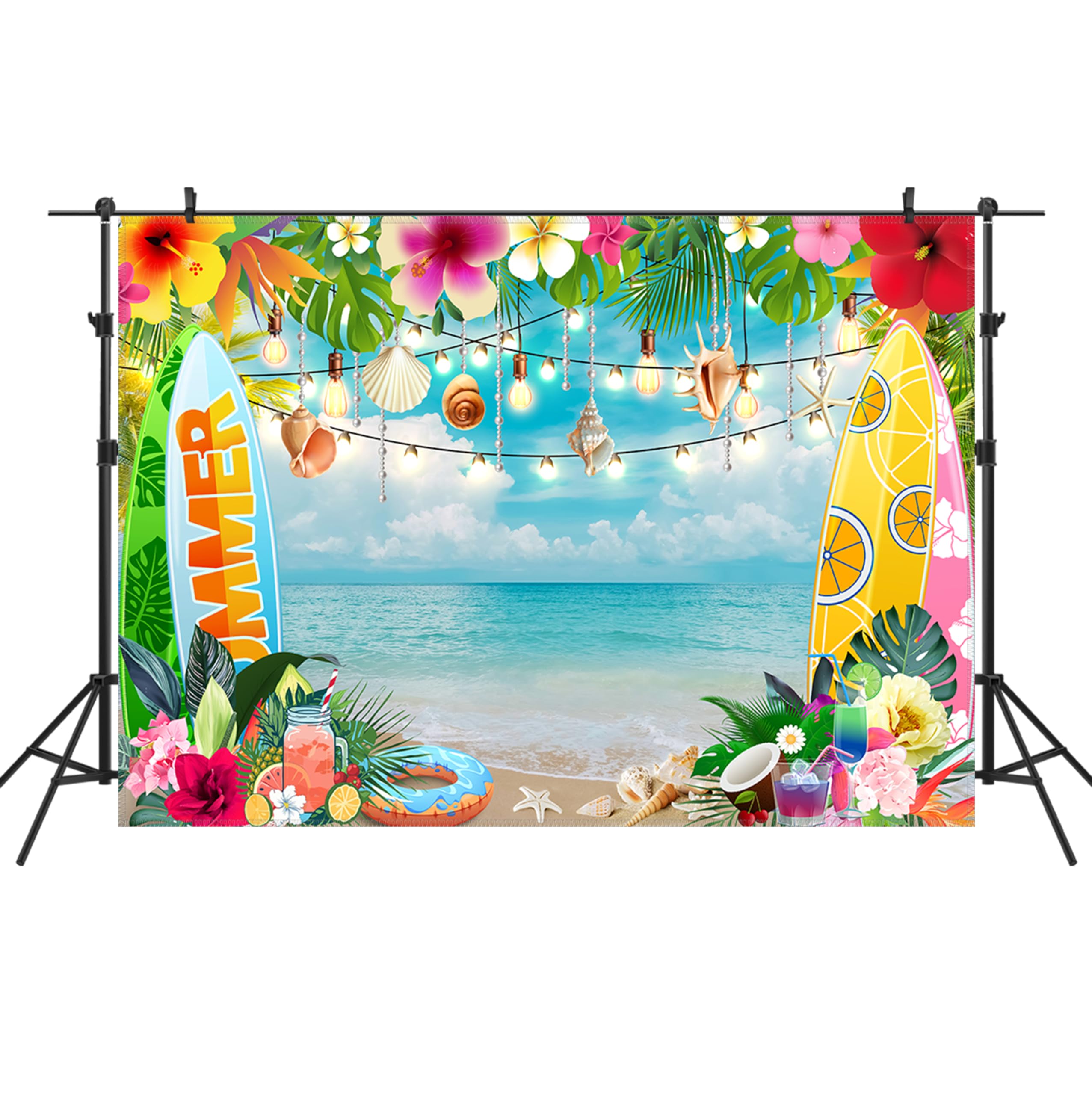 YongFoto Summer Luau Beach Party Backdrop 7x5ft Blue Sky Palm Coconut Tree Surfboard Flamingo Holiday Photography Background Tropical Tiki Party Hawaiian Aloha Party Banner Photoshoot Wallpaper
