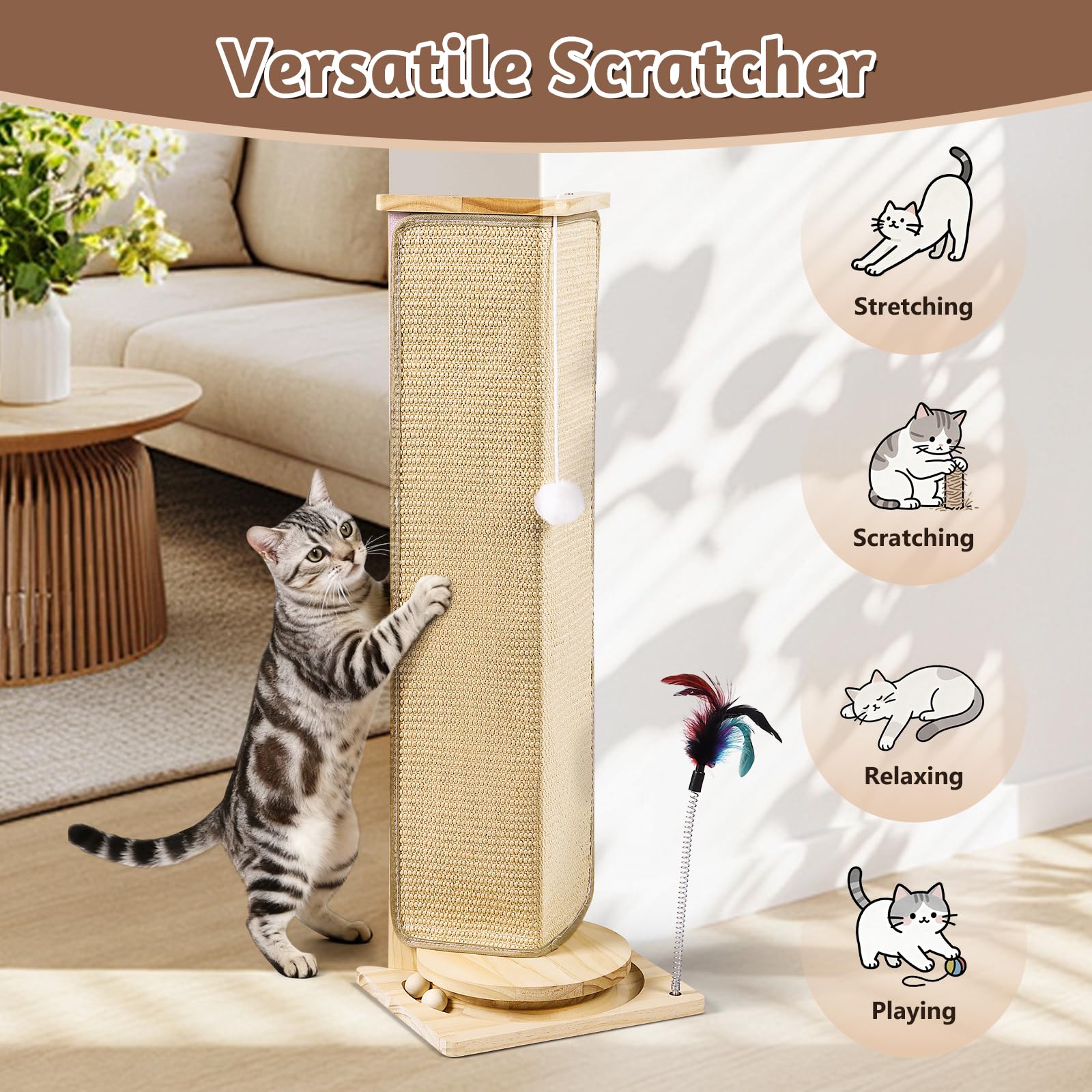 Rascador de esquina para sofá, poste rascador para gatos de 31 pulgadas de alto con juguetes interactivos, almohadilla de sisal reemplazable para gatos de interior, protector de muebles para