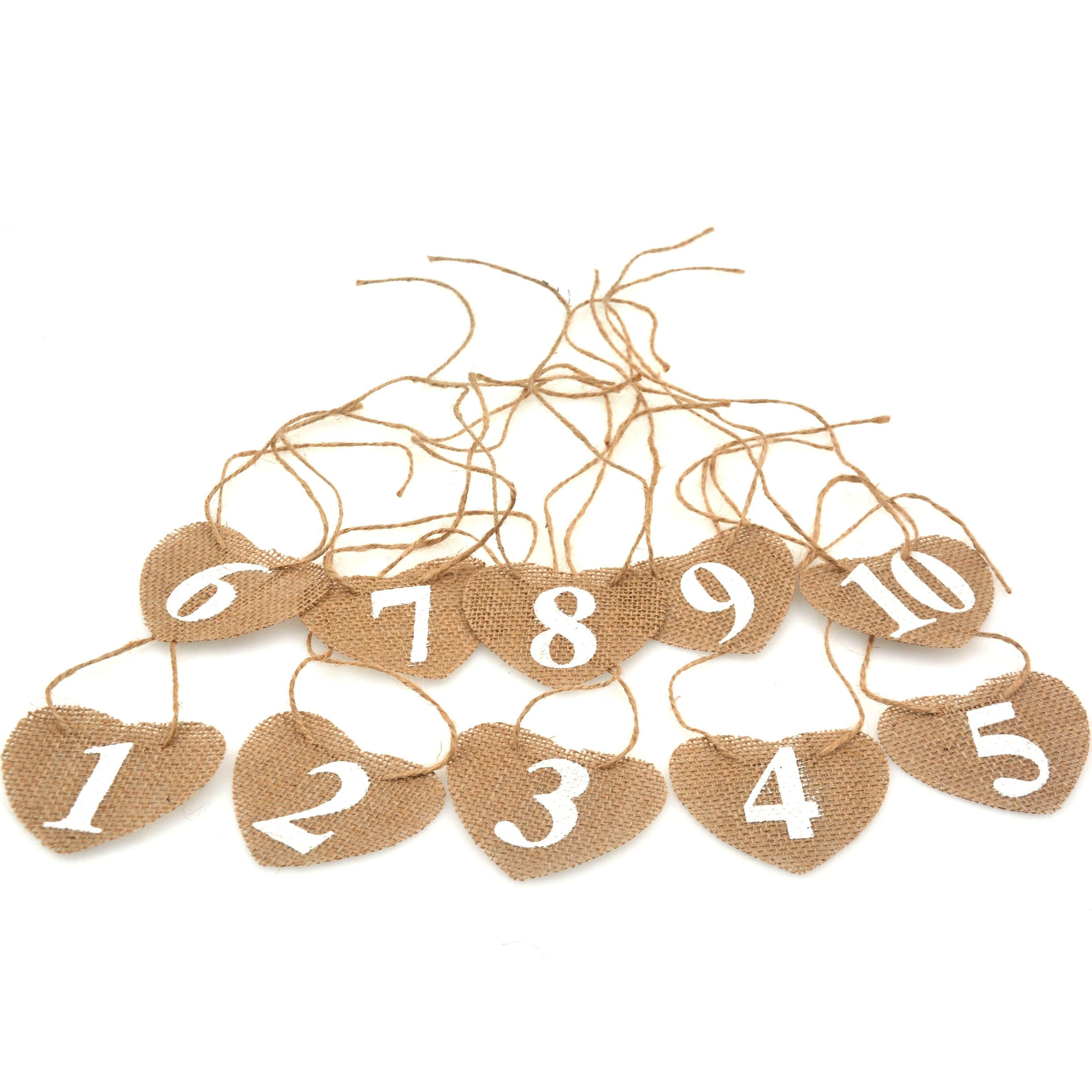 SCF2017 Vintage Heart Shape Burlap Table Numbers 1-10 Rustic Jute Numbers Tags Wedding Table Decoration