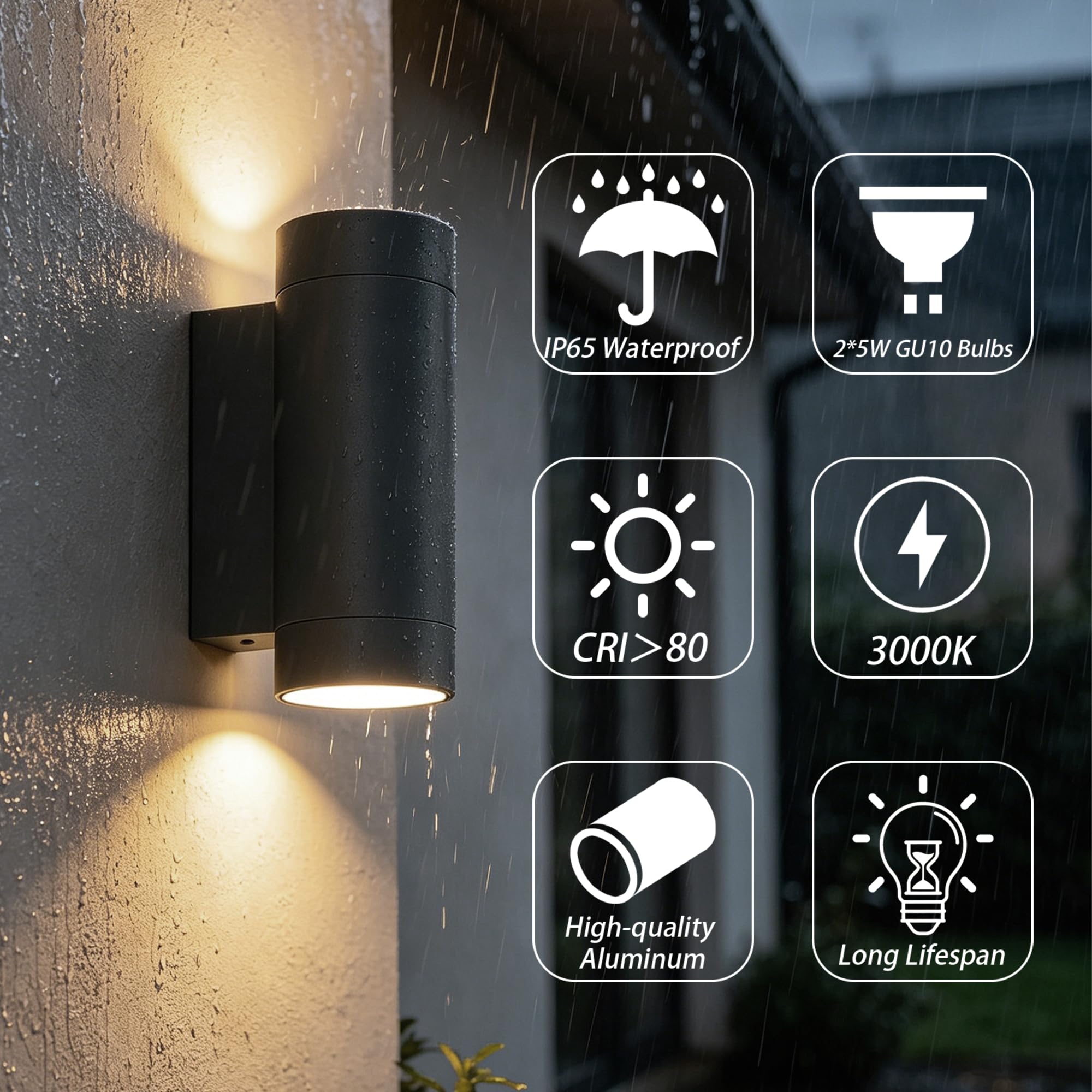 JNR Lampada da parete per esterni, IP65, impermeabile, lampada da parete per esterni, con 4 lampadine GU10 da 5 W, luce bianca calda, lampada da parete a LED, per esterni (2 bronzo PACK, rosso-marrone