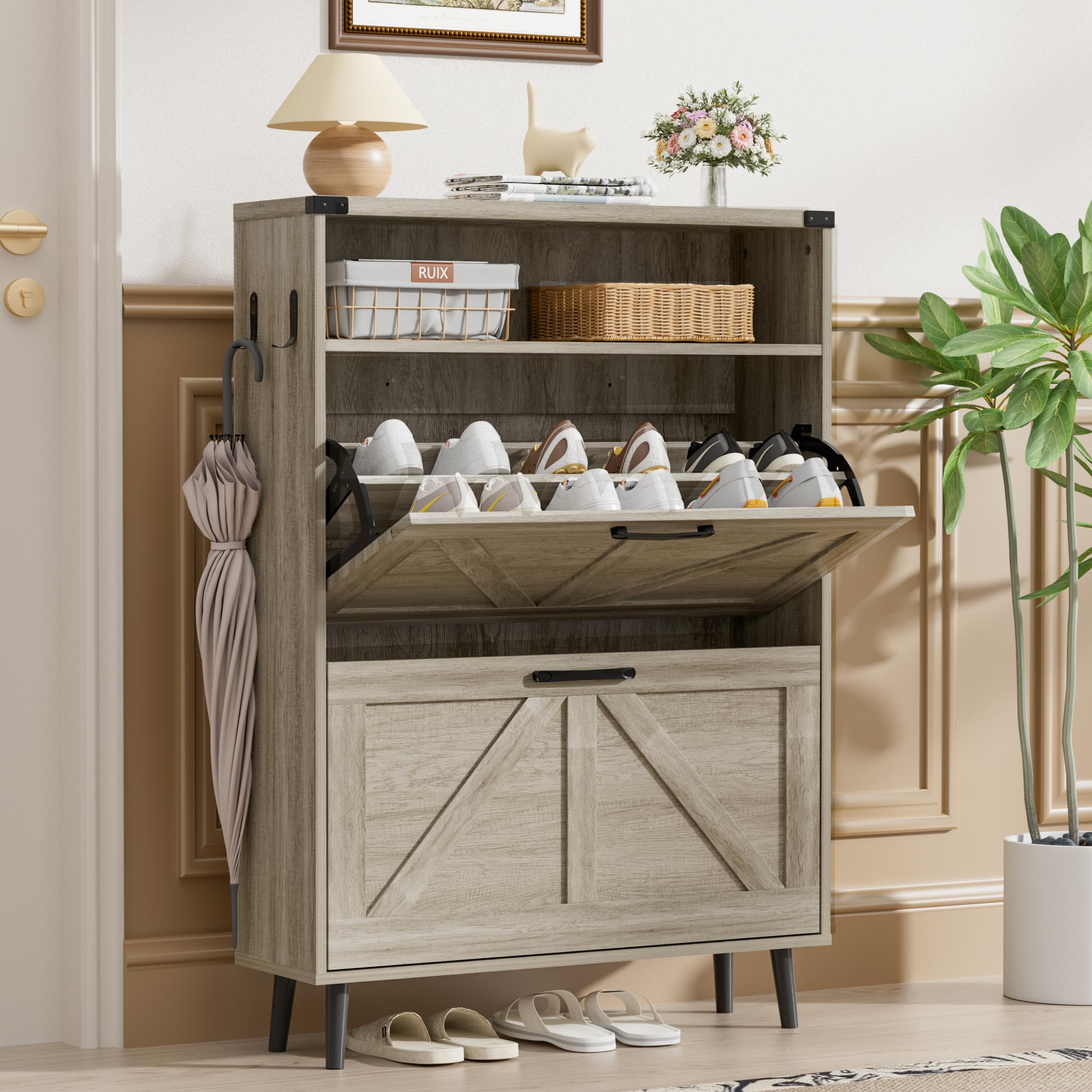 BonVache Grey Shoe Storage Cabinet with 2 Flip Drawers and 1 Shelf, Freestanding Narrow Shoe Organizer for Hallway Entryway，Shoe Cabinet Unit with Adjustable Shelves