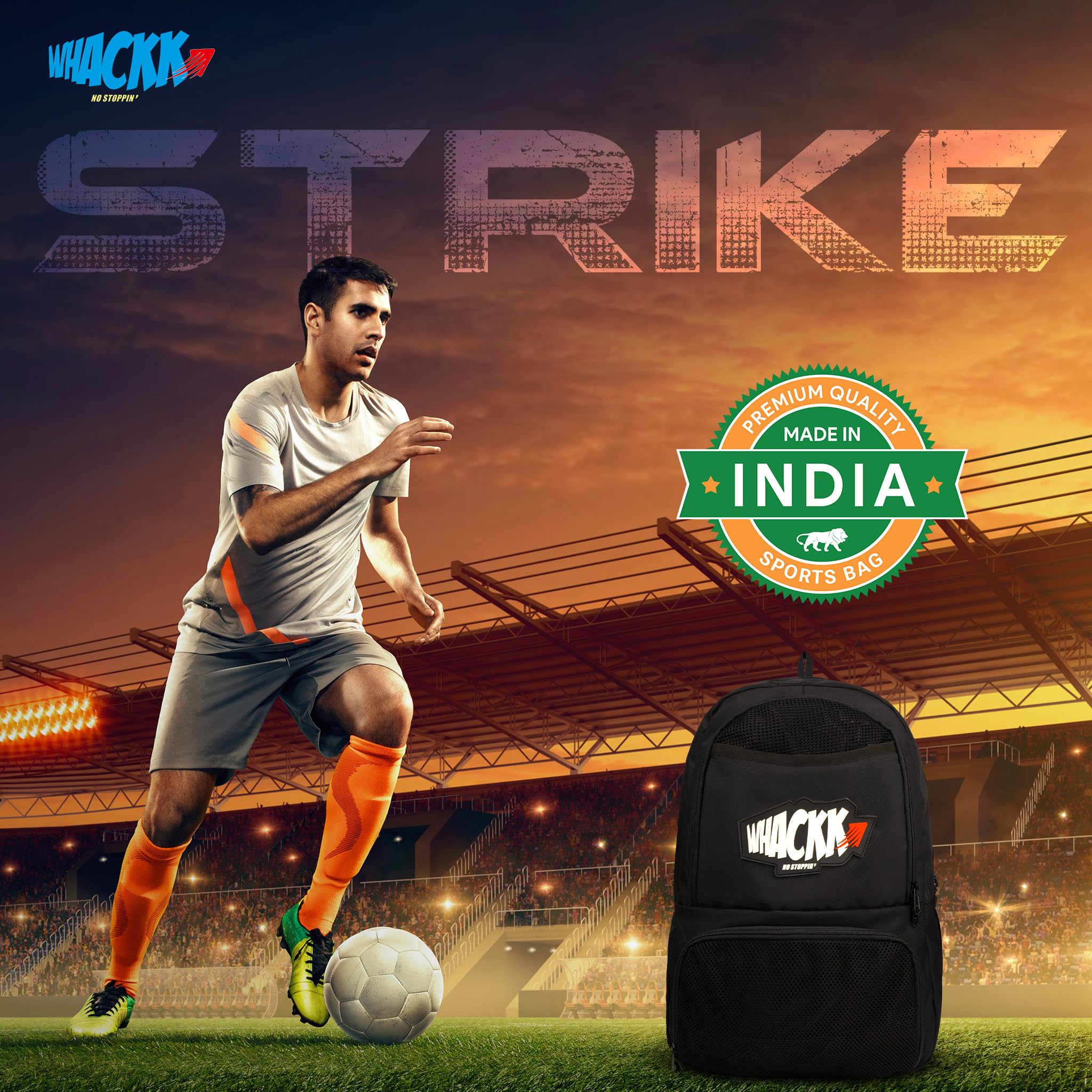 WHACKK Strike Football Bag Black | Football Kit Bag with Ball, Shoe & Boot Compartment | Sports Backpack for Men, Women & Kids Training and Match Day 2